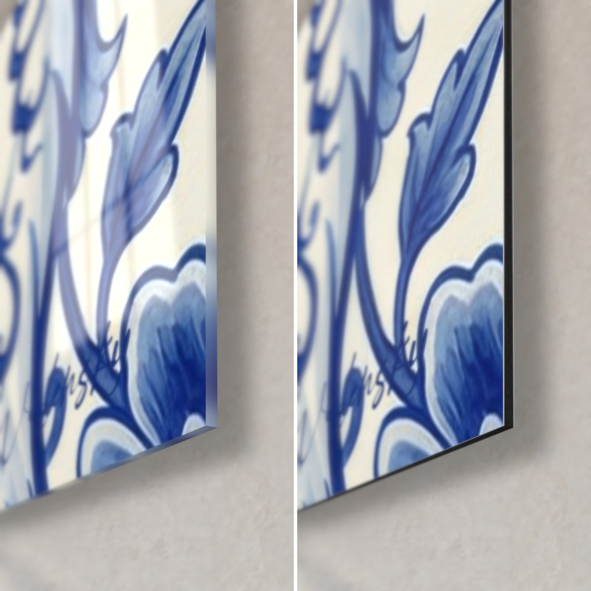 Πίνακας κουτάβι Μαltese από μπλε faience, ινδικό και κρεμ πέταλο στην κάτω δεξιά γωνία, γυαλί με γυαλάδα και ματ Dibond με πάχος 3 mm