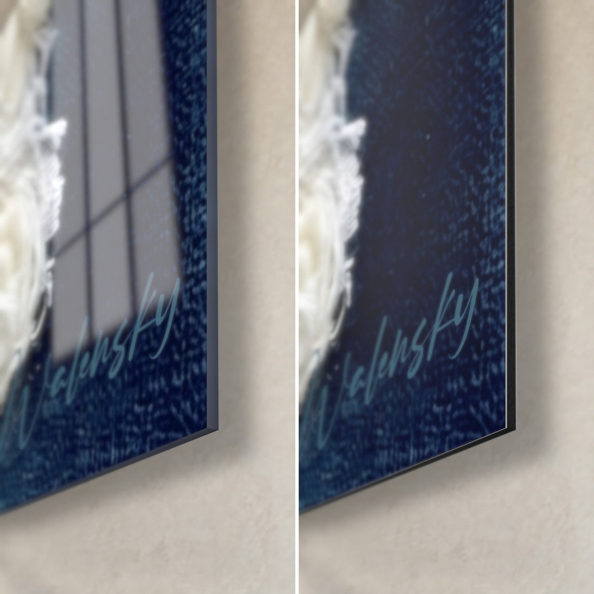 Wall art white puppy in fibres, bottom right corner: ivory fringed paw on navy blue, glossy acrylic glass and matte Dibond, 3 mm edge