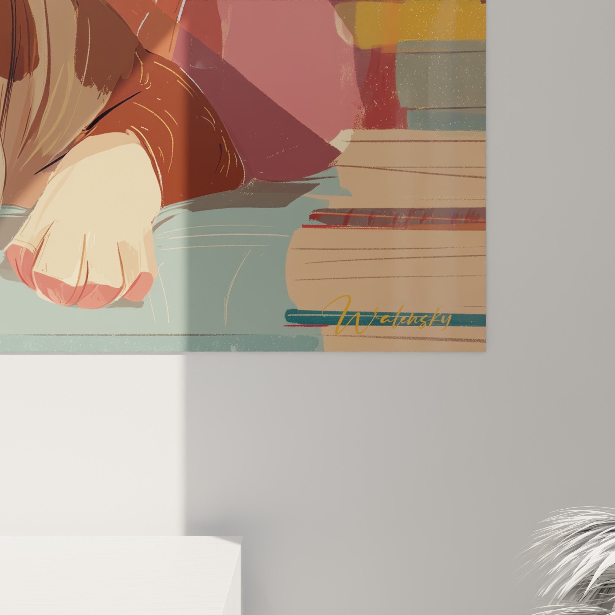 Vue ensemble tableau chien bouledogue intérieur moderne tons pastel décoration