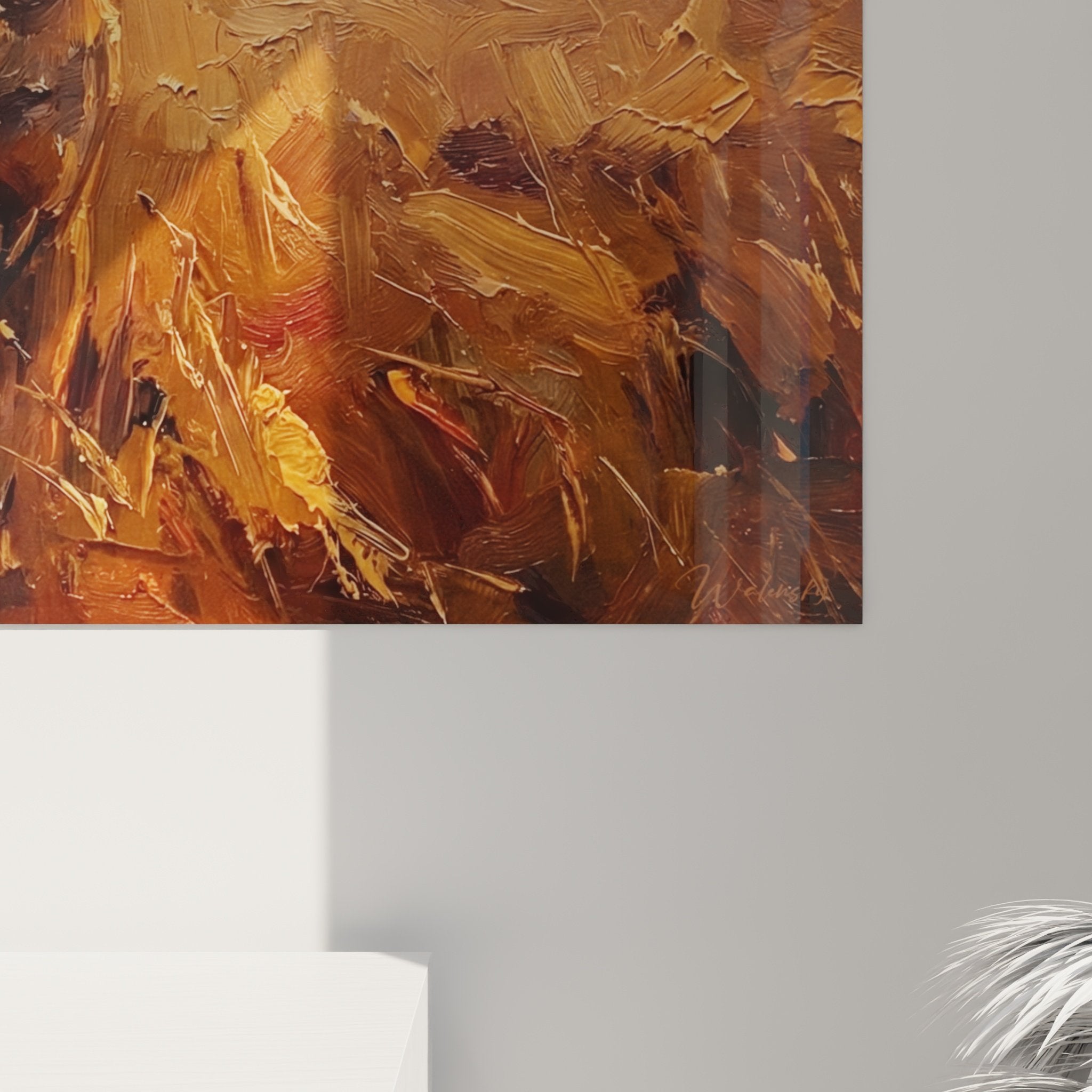 Vue ensemble tableau portrait chien Bullmastiff champ coucher soleil decoration interieure ambiance chaleureuse