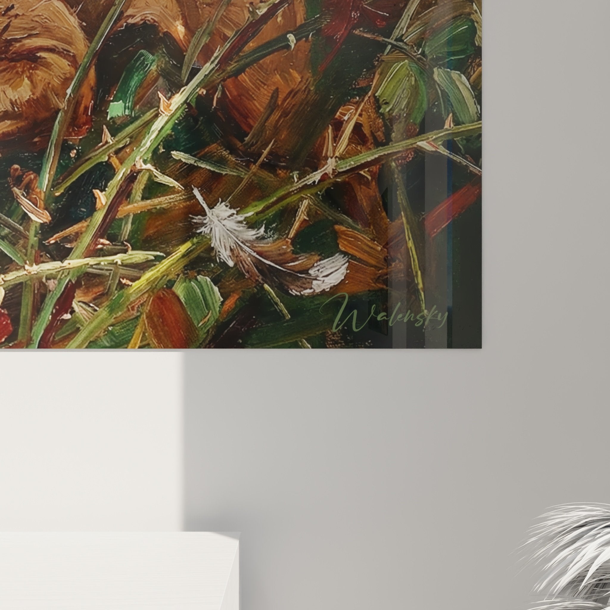 Vue ensemble tableau Vizsla chasseur herbes dorées, composition artistique tons chauds automne