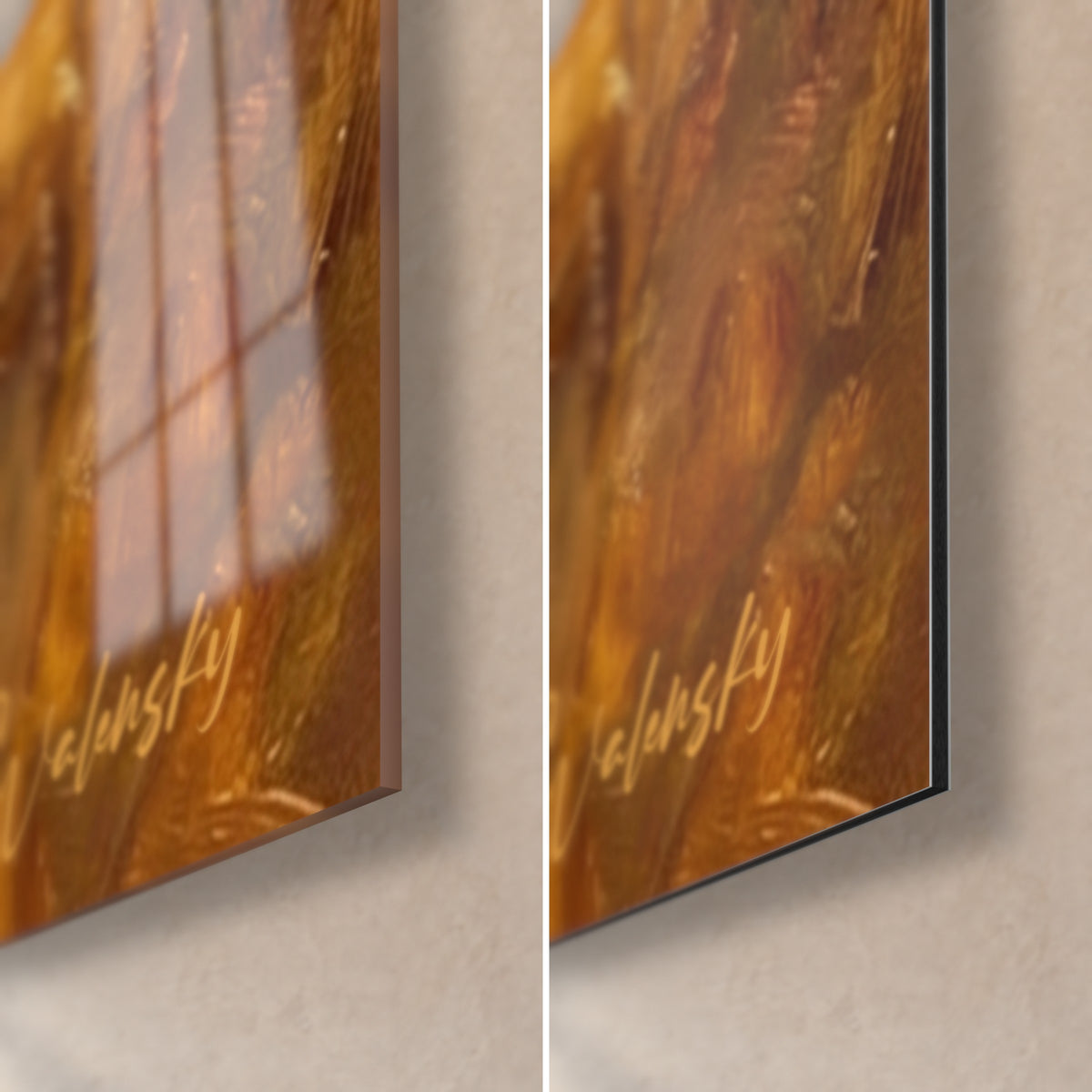 Wall art hunting dog painted in oil, bottom right: glossy acrylic glass with reflections, matt ochre and brown aluminium Dibond