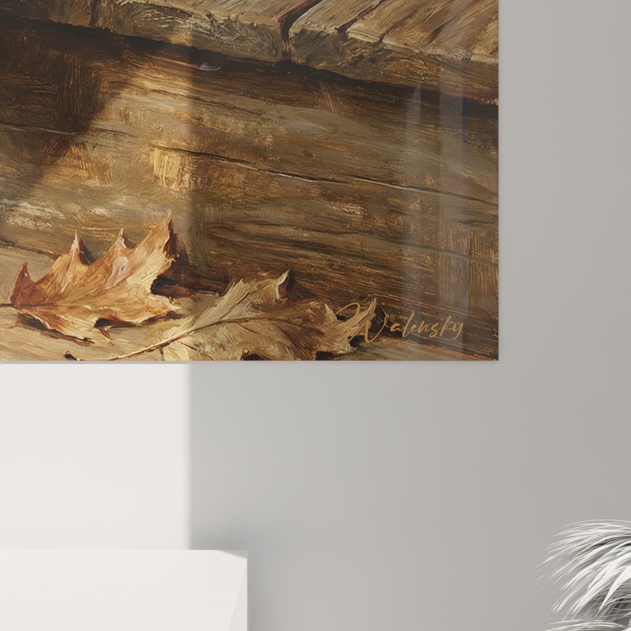 Vue ensemble tableau chien contemplatif terrasse bois ambiance automnale