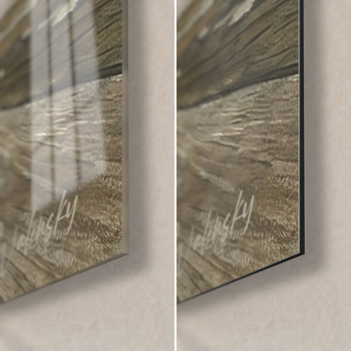 Schilderij rustende Leonberger hond, rechtsonder: duidelijke signatuur, 3 mm rand, glanzend glas links, mat Dibond rechts