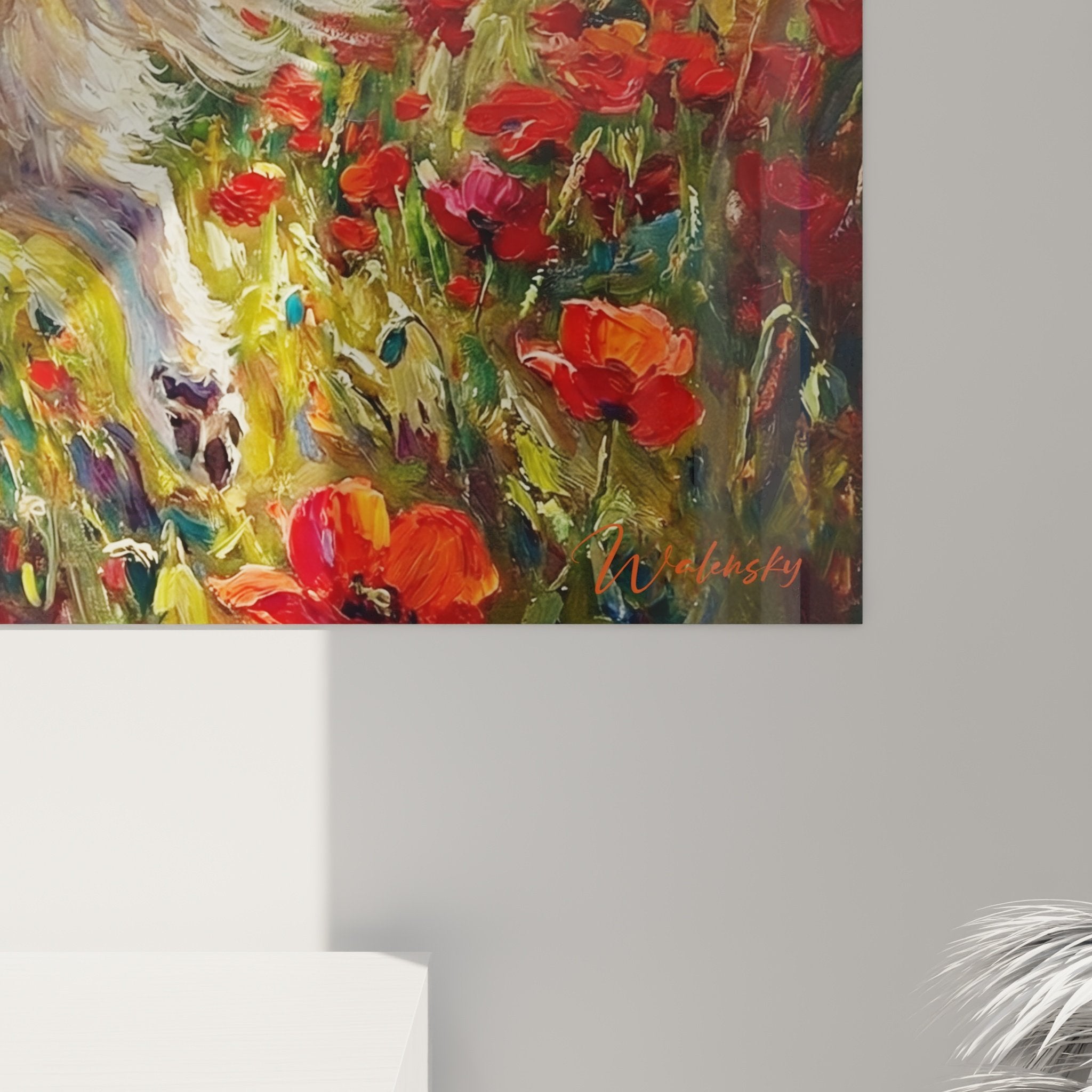 Gesamtansicht Hundebild mit roten Mohnblumen Wanddekoration ländlicher Stil