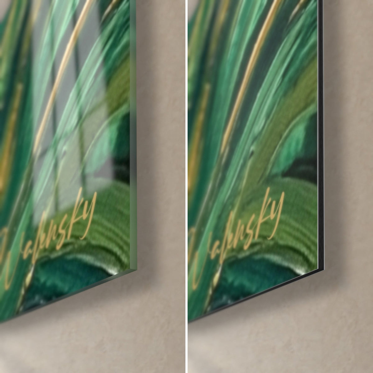 Wall art of an orange-spotted pointer, bottom right corner: glossy acrylic glass reflecting the green, matte Dibond aluminium, 3 mm edge