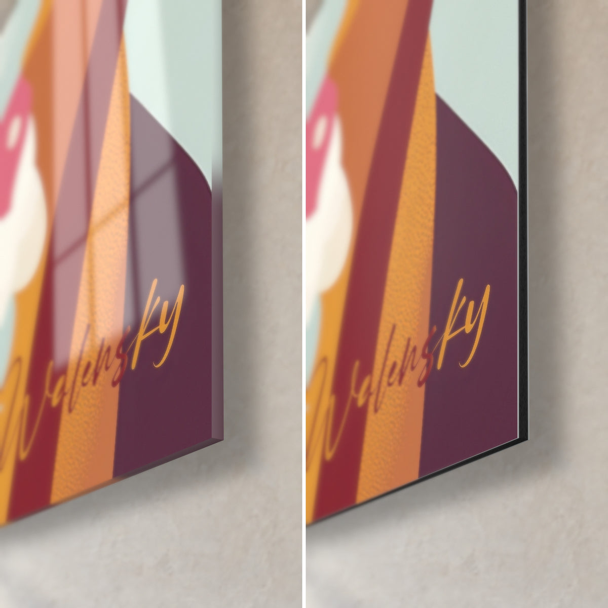 Geometric dog wall art, bottom right corner: glossy orange acrylic glass, ochre and plum on the left, matte brushed Dibond aluminium on the right