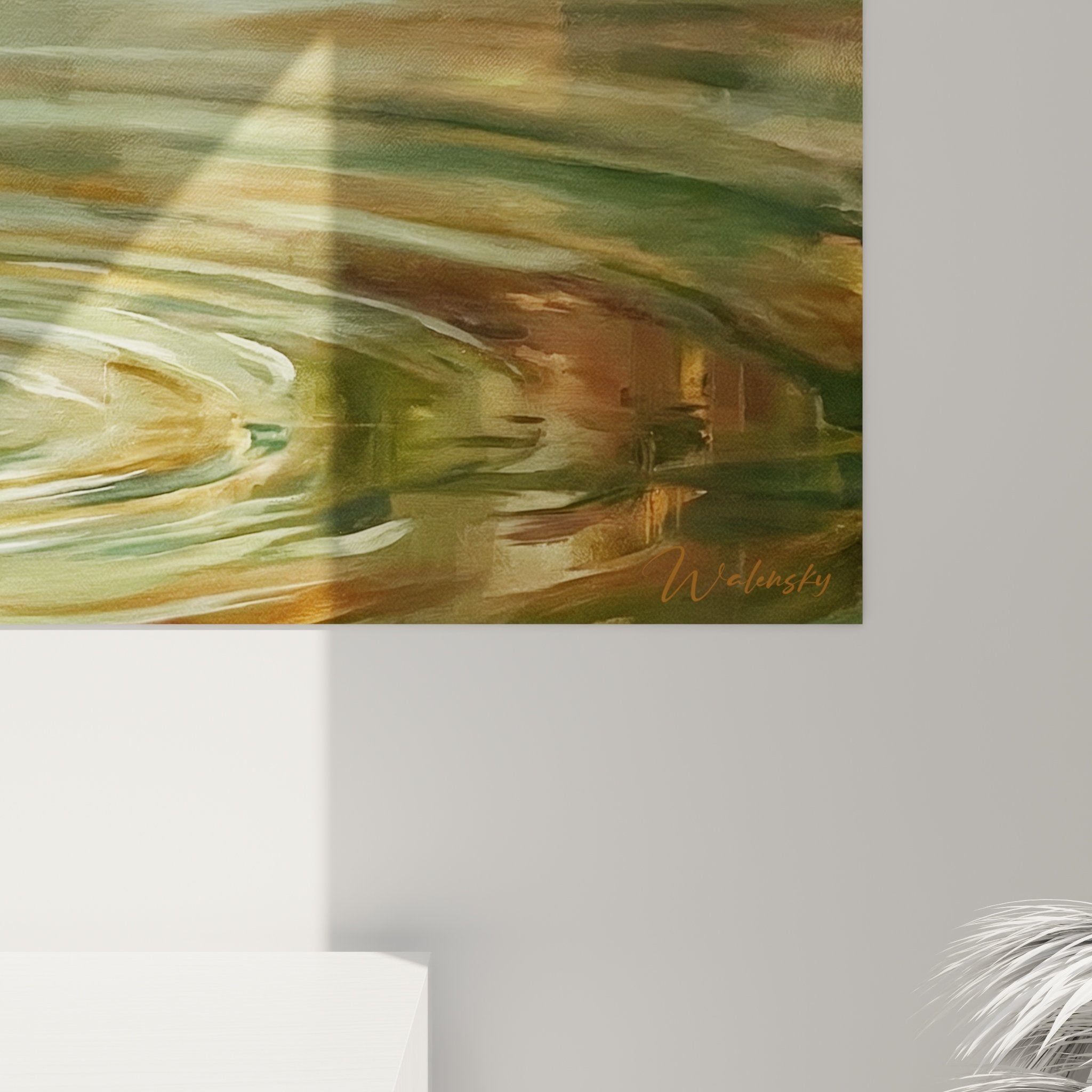 Vue ensemble tableau chien dans eau tons verts cuivres decoration murale format panoramique ambiance zen