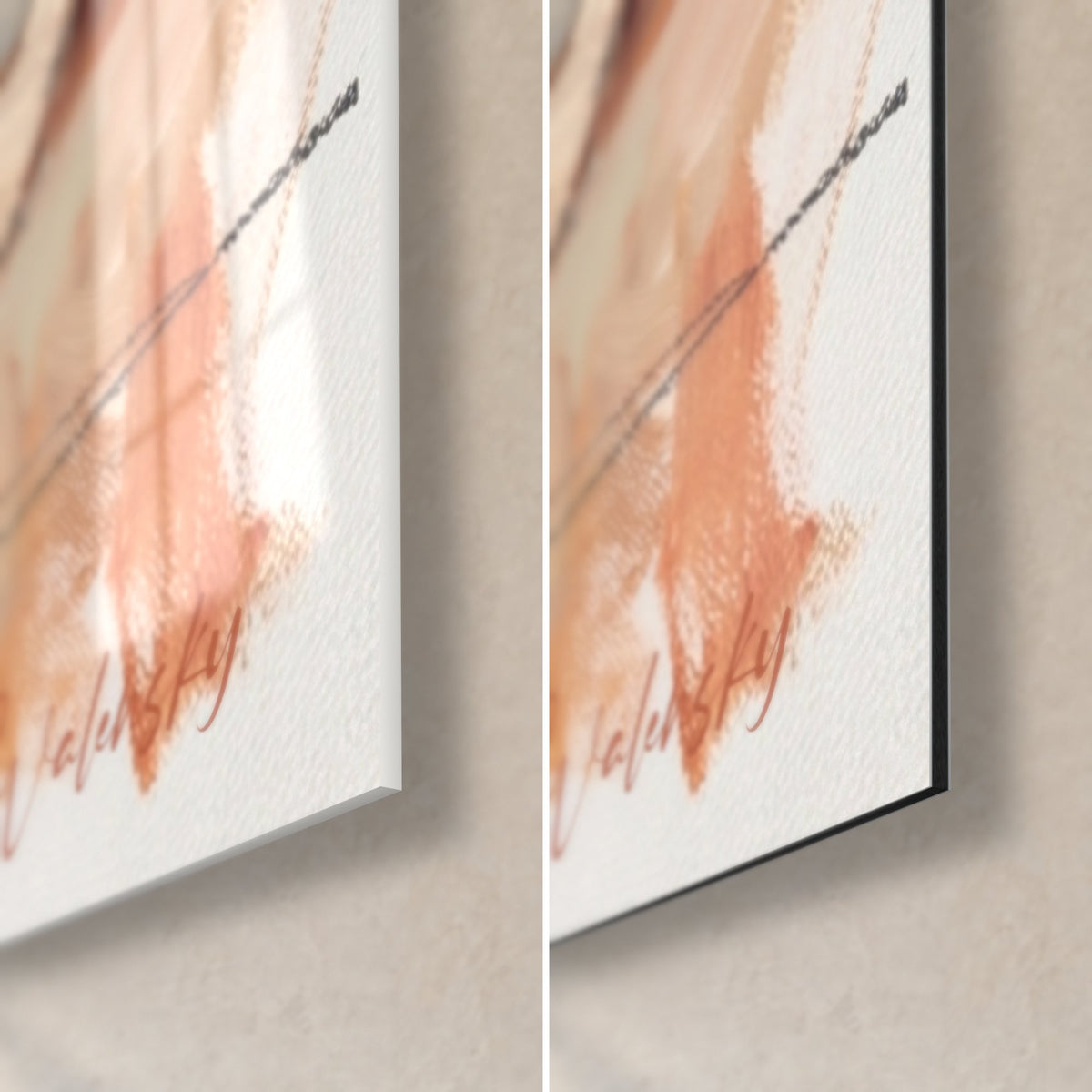 Wall art Sleeping red dog, bottom right corner, glossy acrylic glass on the left, matte black Dibond aluminum on the right, peach pink charcoal trace