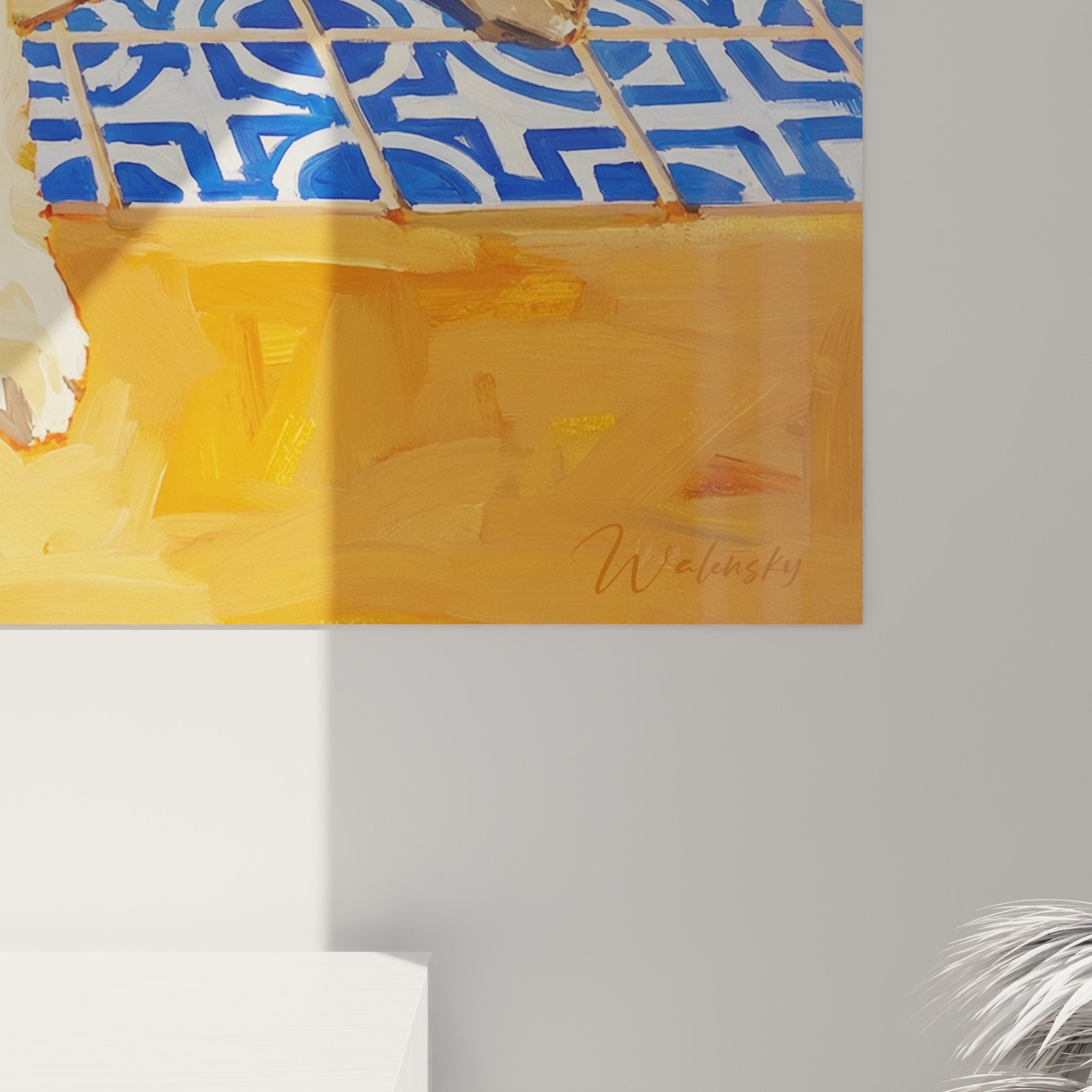 Vue ensemble tableau chien endormi style mediterraneen poterie plante decoration murale