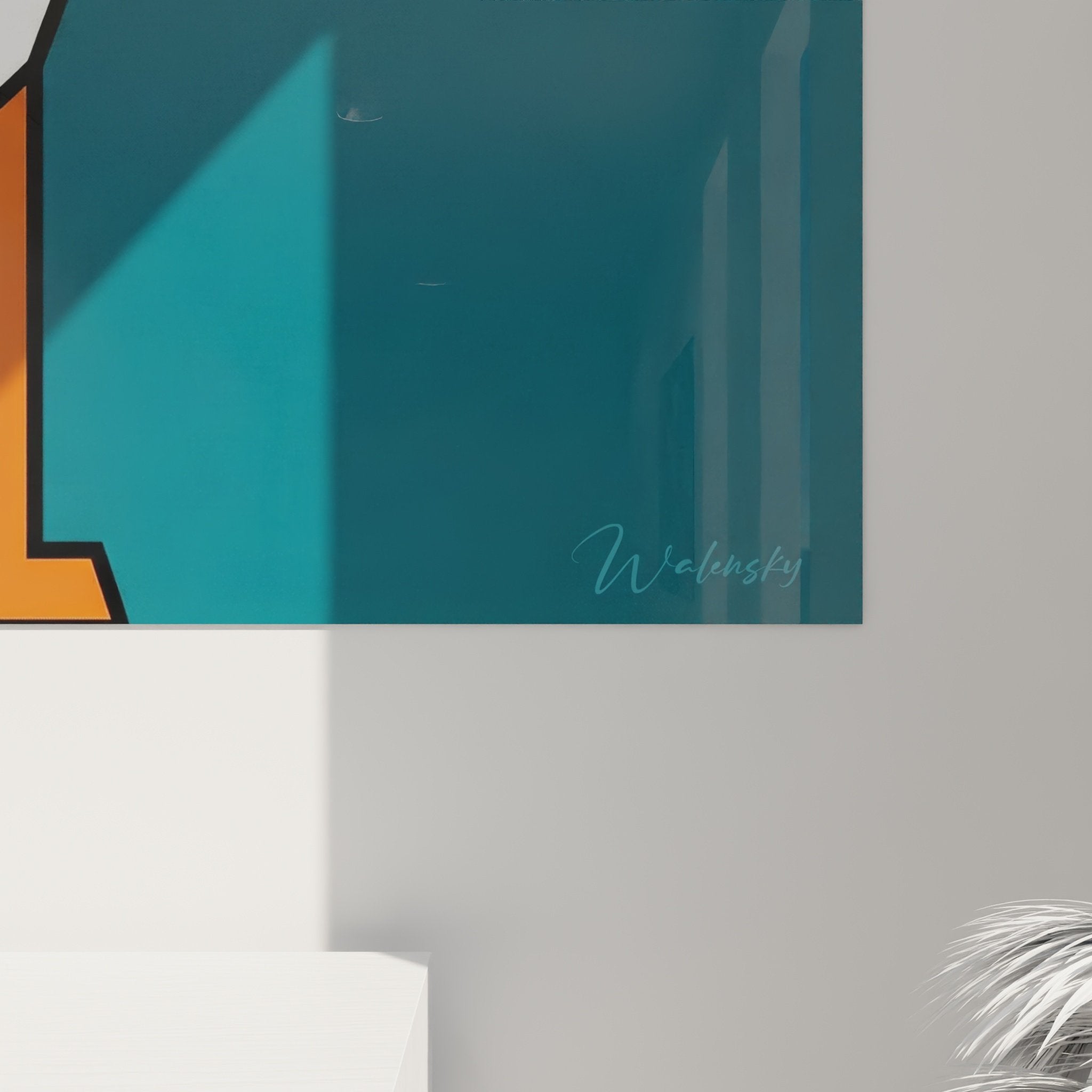 Vue ensemble tableau jack russel terrier geometrique orange sur mur blanc decoration moderne contemporaine