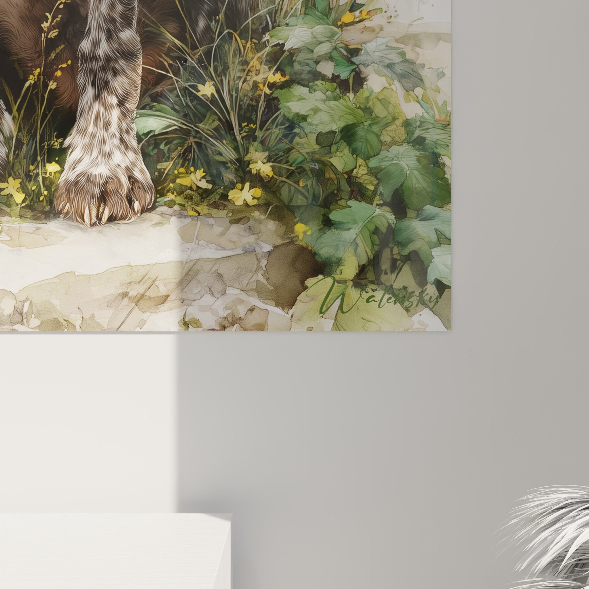 vue ensemble tableau braque allemand jardin fleuri decoration interieur style champetre elegant