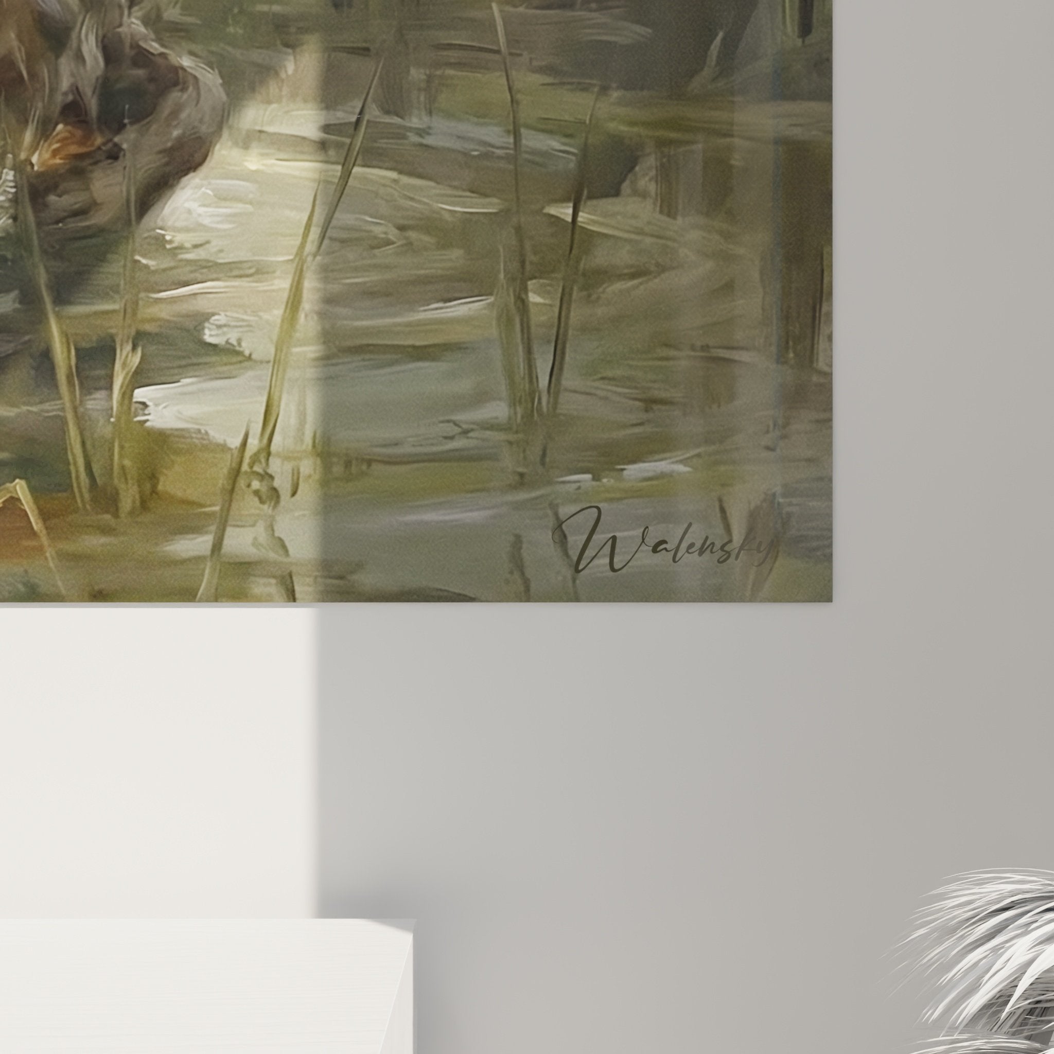 Vista d'insieme quadro setter inglese paludoso, arte canina natura erbe acquatiche nebbia mattutina beige