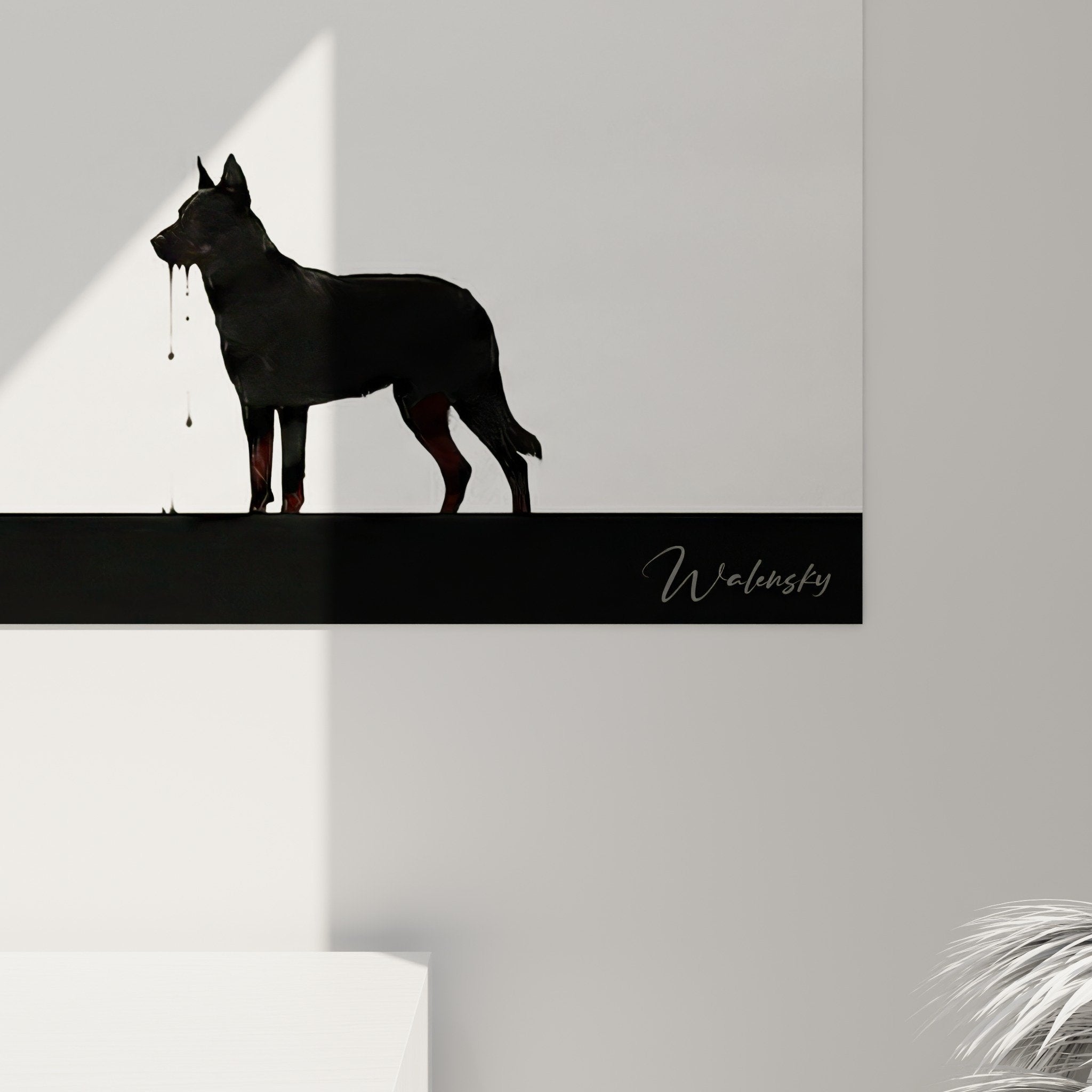 Perspective tableau chien minimaliste dans intérieur moderne, décoration murale graphique noir et blanc