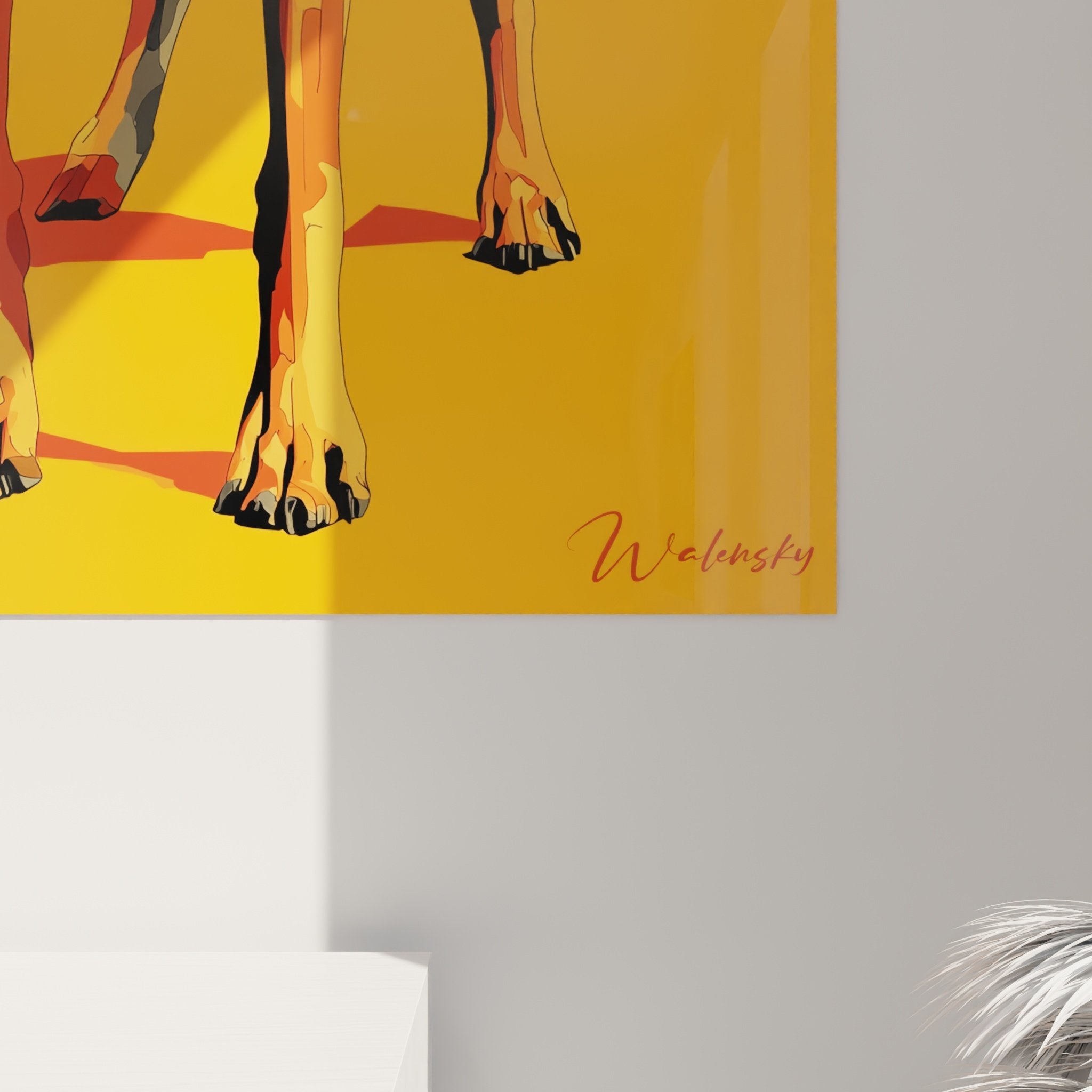 Vue ensemble tableau géométrique chien orange rouge décoration salon moderne art mural contemporain