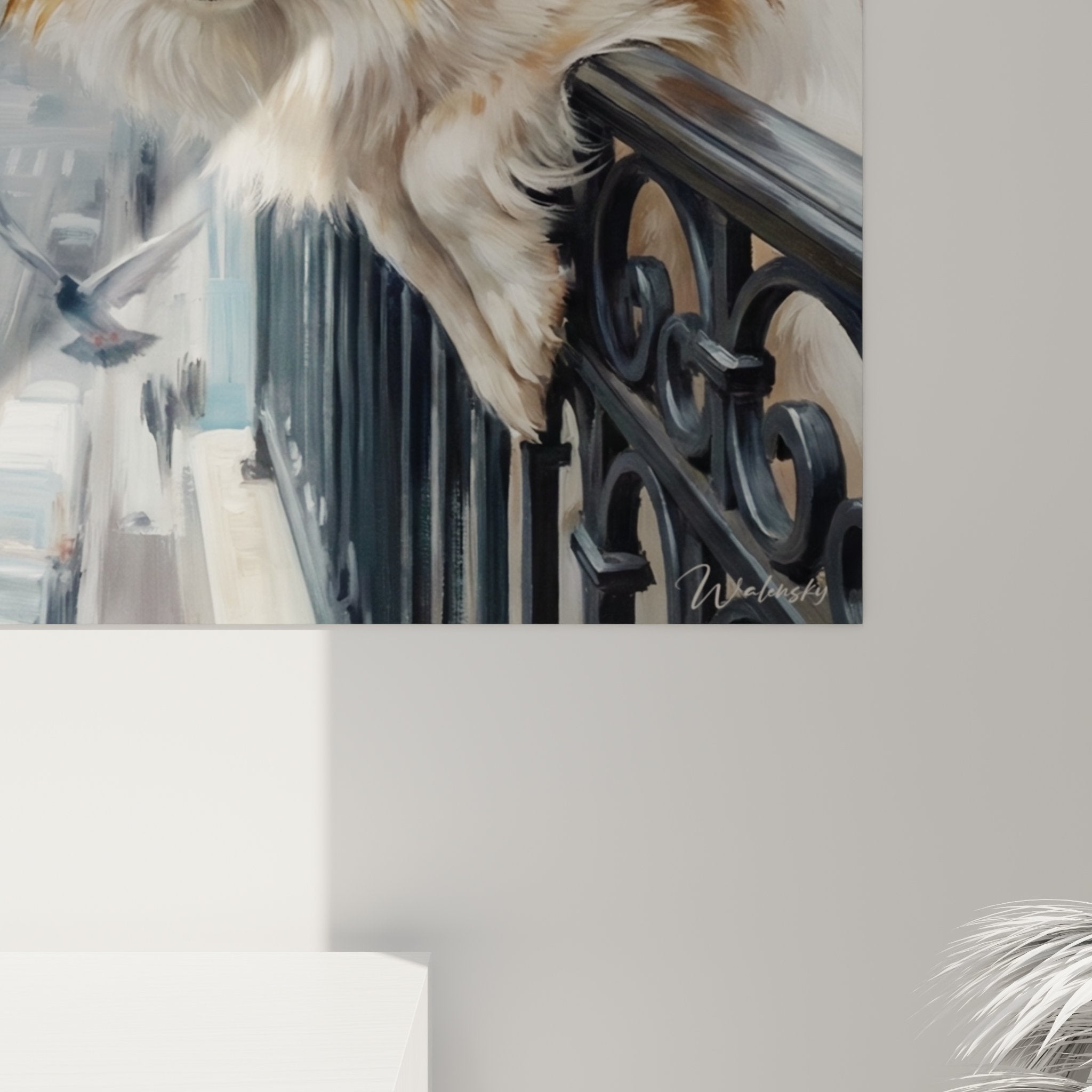 vue ensemble tableau chien papillon balcon urbain decoration murale moderne art canin contemporain