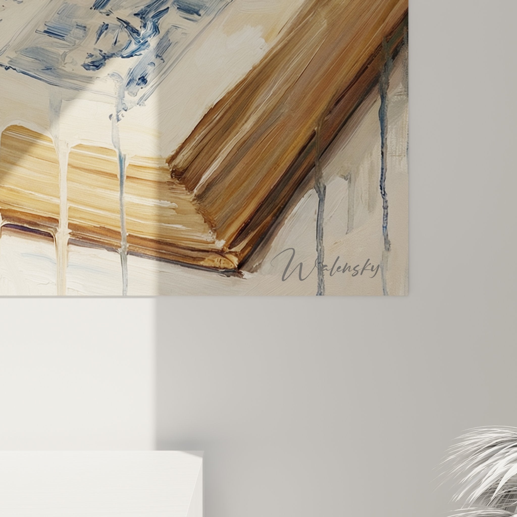 Vue ensemble tableau chien papillon litteraire avec coulures blanches dans interieur moderne
