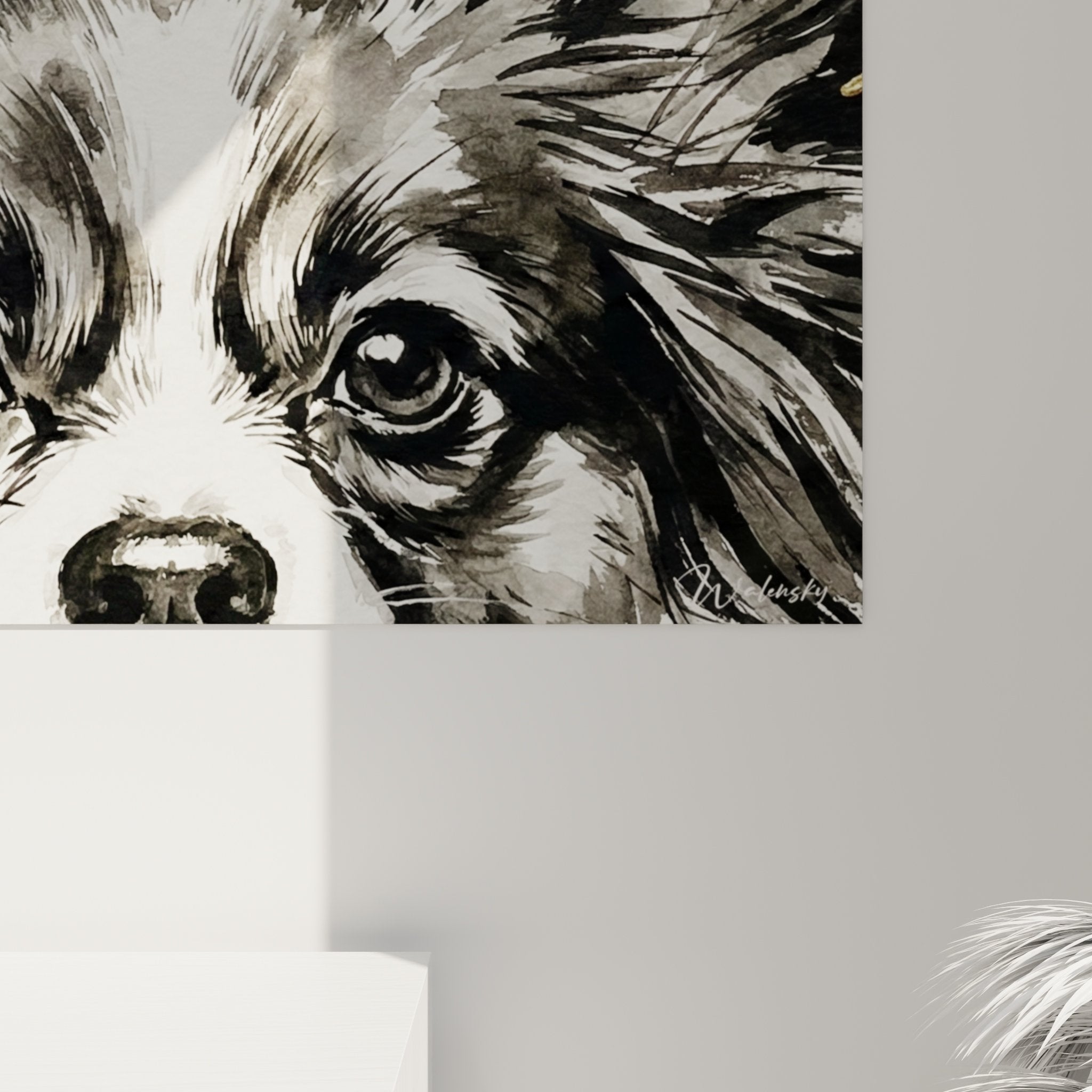 Overall view dog butterfly painting animal portrait modern elegant interior decoration