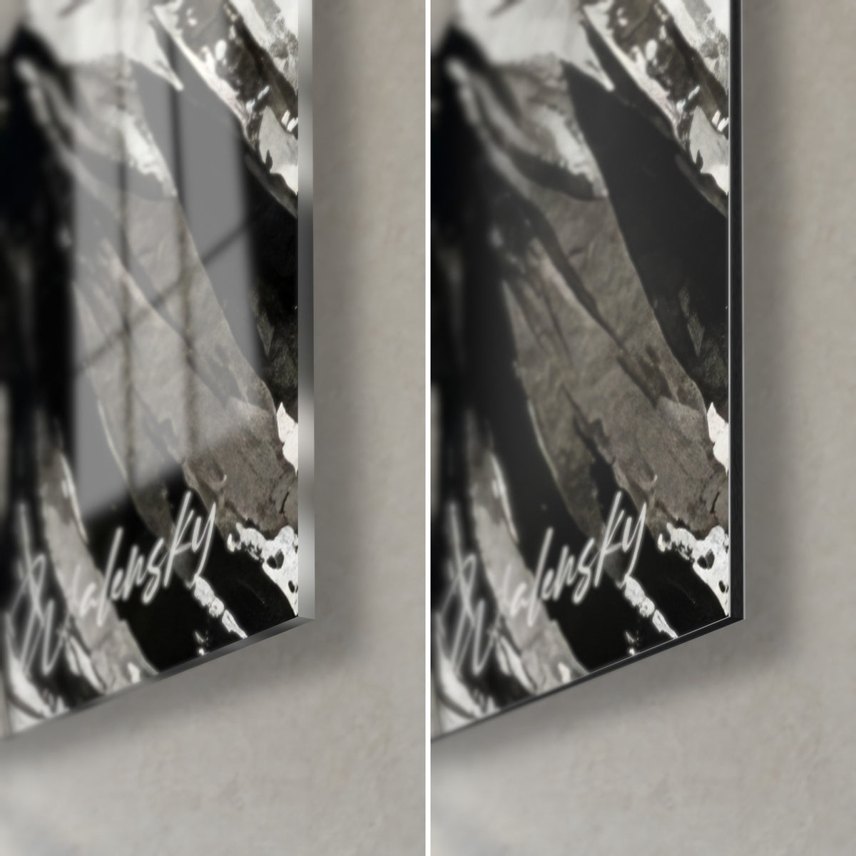 Cuadro de un perro mariposa, esquina inferior derecha: pelo de tinta negra y gris sobre cristal acrílico brillante a la izquierda, aluminio Dibond blanco mate a la derecha