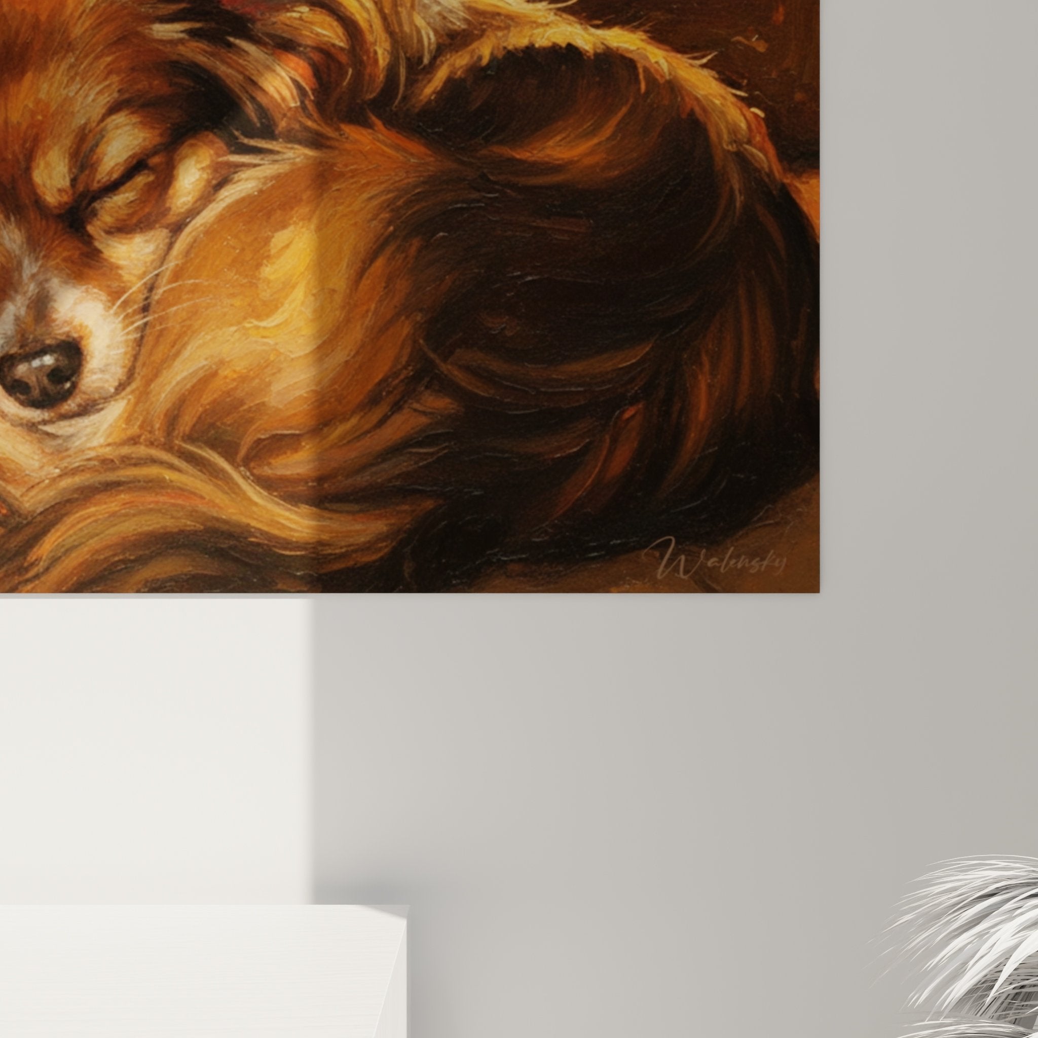 Vue ensemble tableau chien papillon cheminee decoration interieure tons chauds ambiance feutree