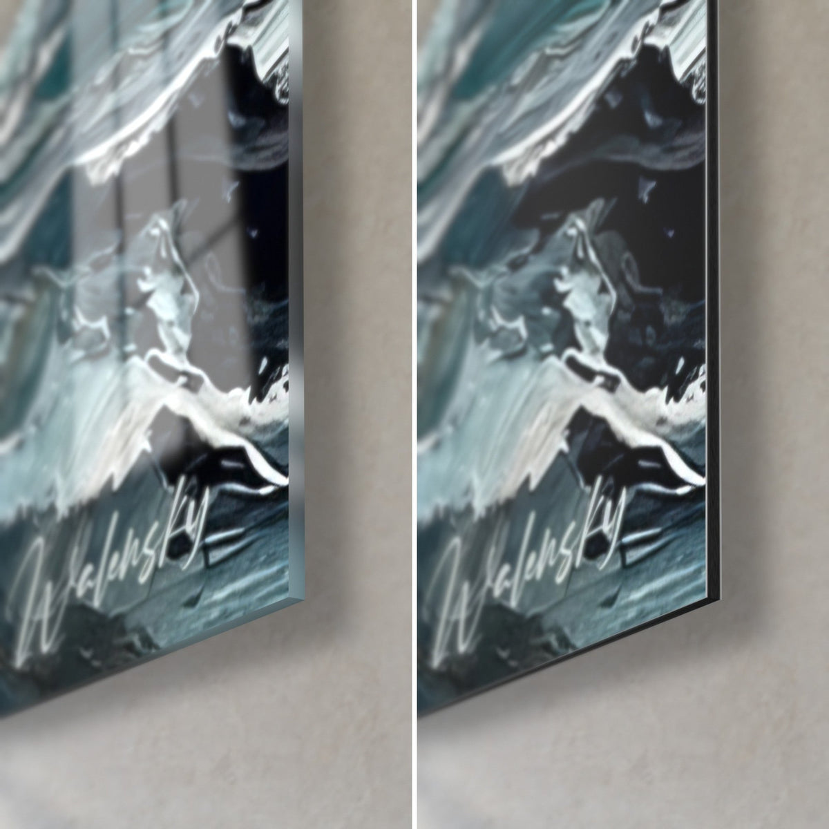 Wall art small fringed brown dog, teal and white waves, bottom-right corner in glossy glass and matte Dibond