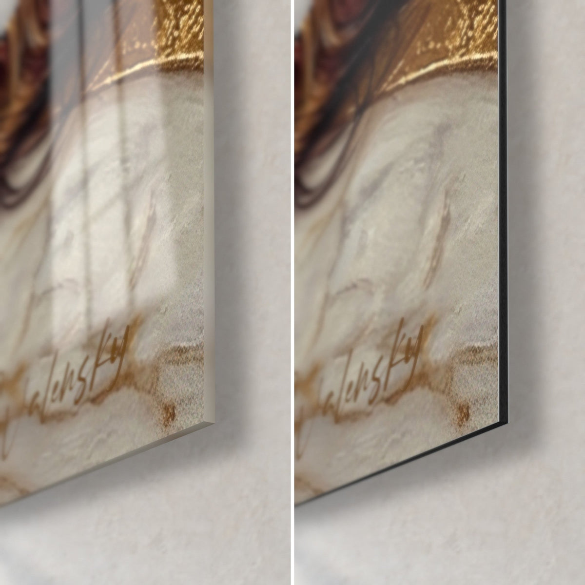 Gemälde kleiner weiß-bordeauxroter Hund, untere rechte Ecke, glänzendes Glas links, matte Dibond rechts, 3 mm Kante