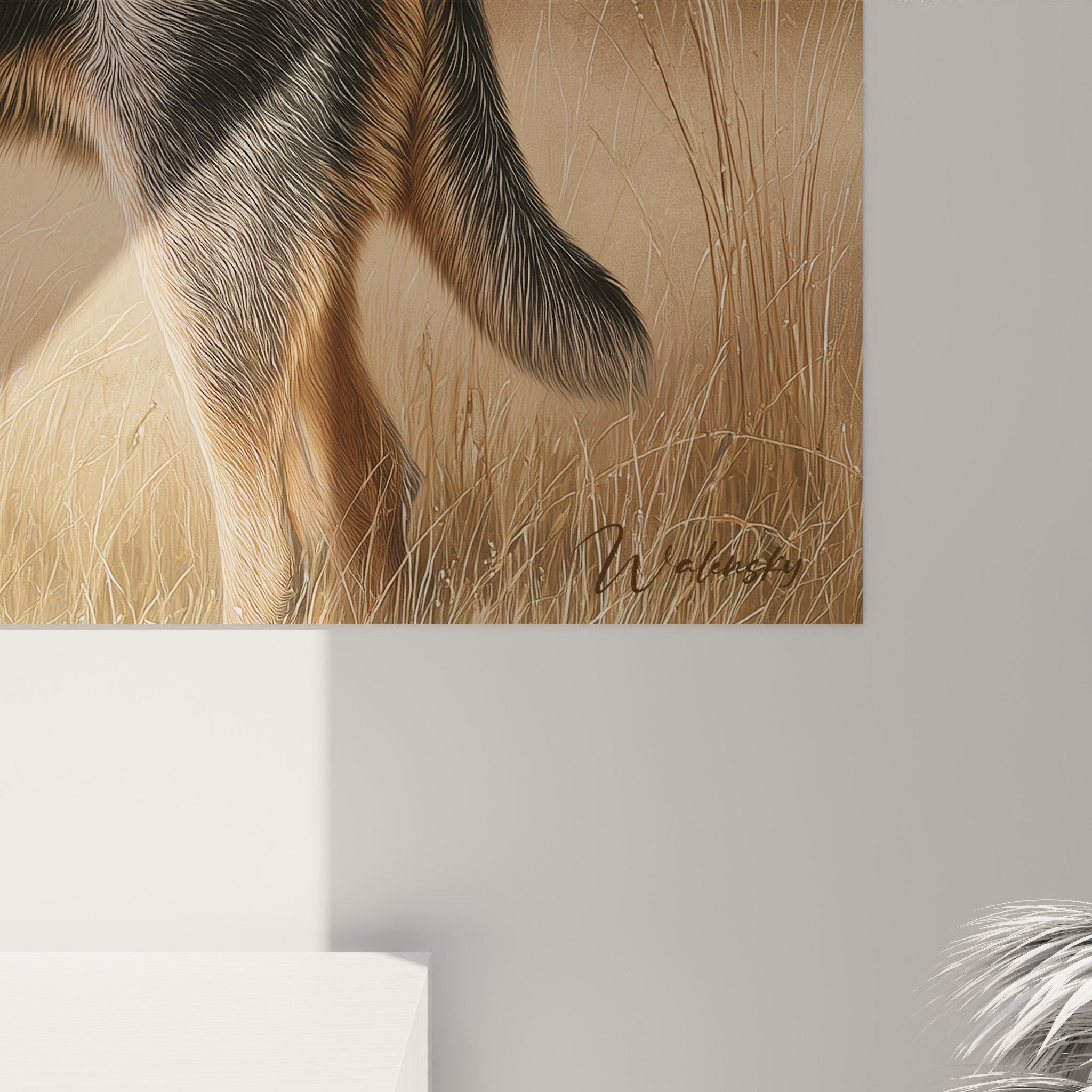 Vue ensemble tableau berger australien profil prairie cuivree decoration murale champetre