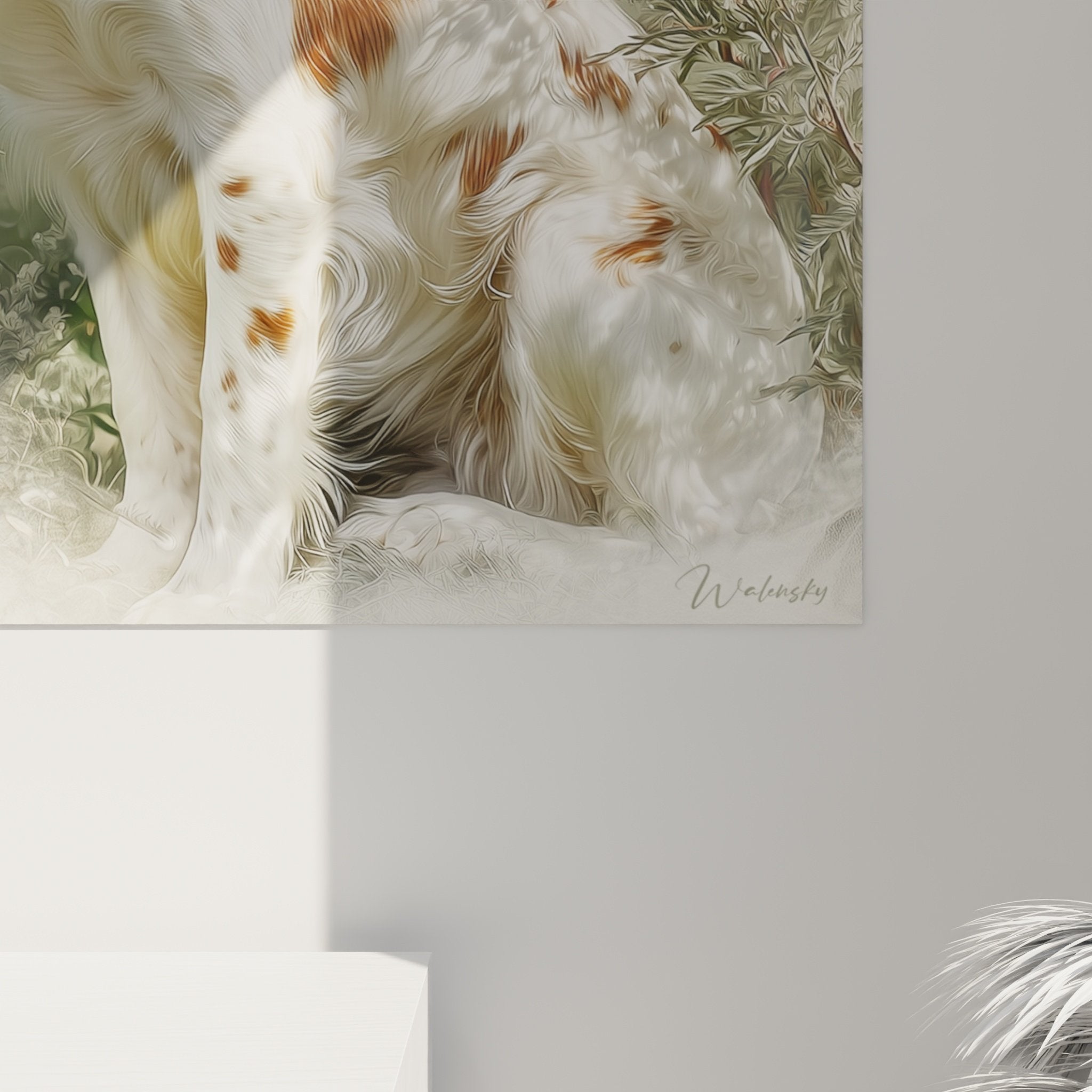 Full view brittany spaniel painting flowering meadow wild grasses beige ochre palette decorative wall art