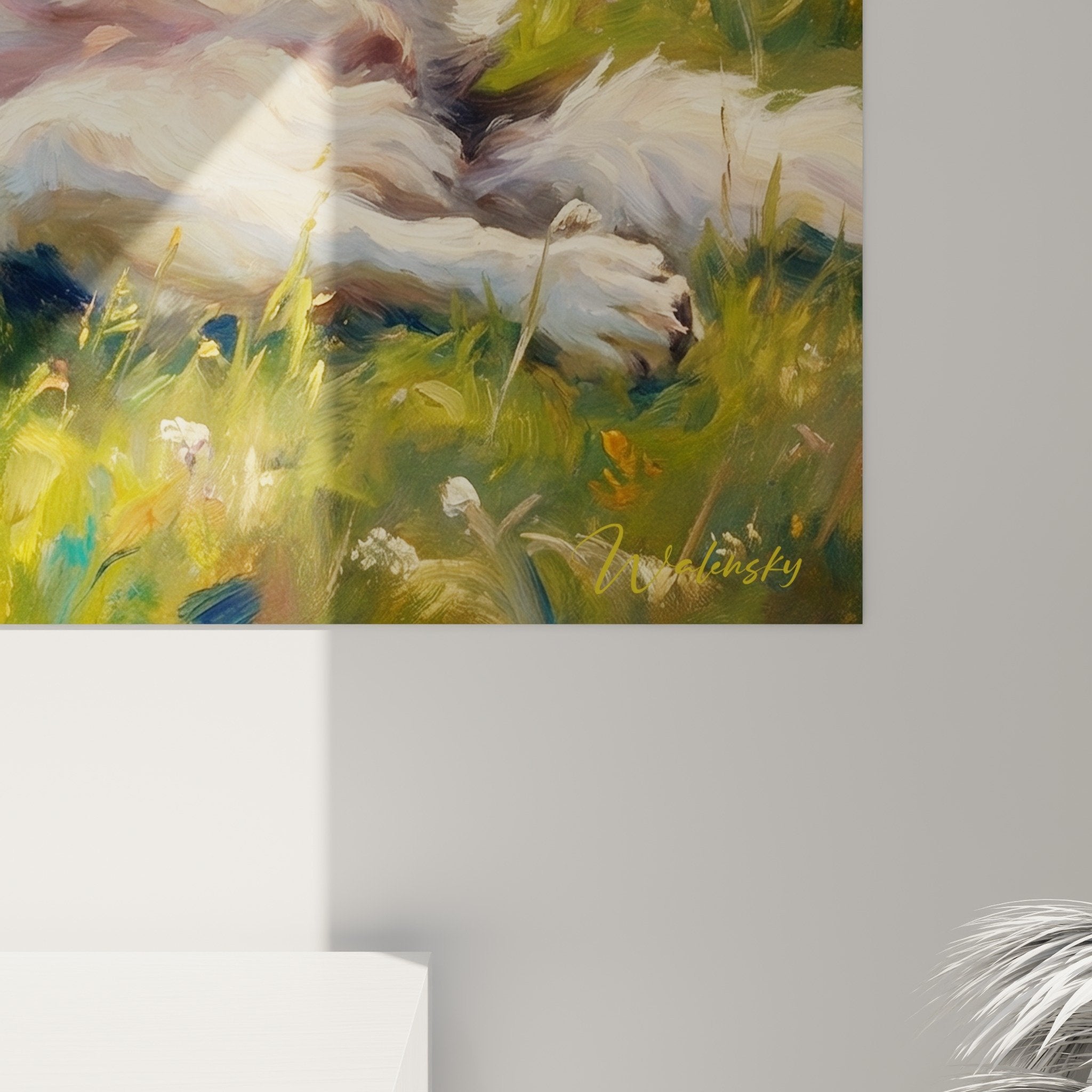 Landseer dog painting overall view happy dog flowering meadow golden tones interior decoration