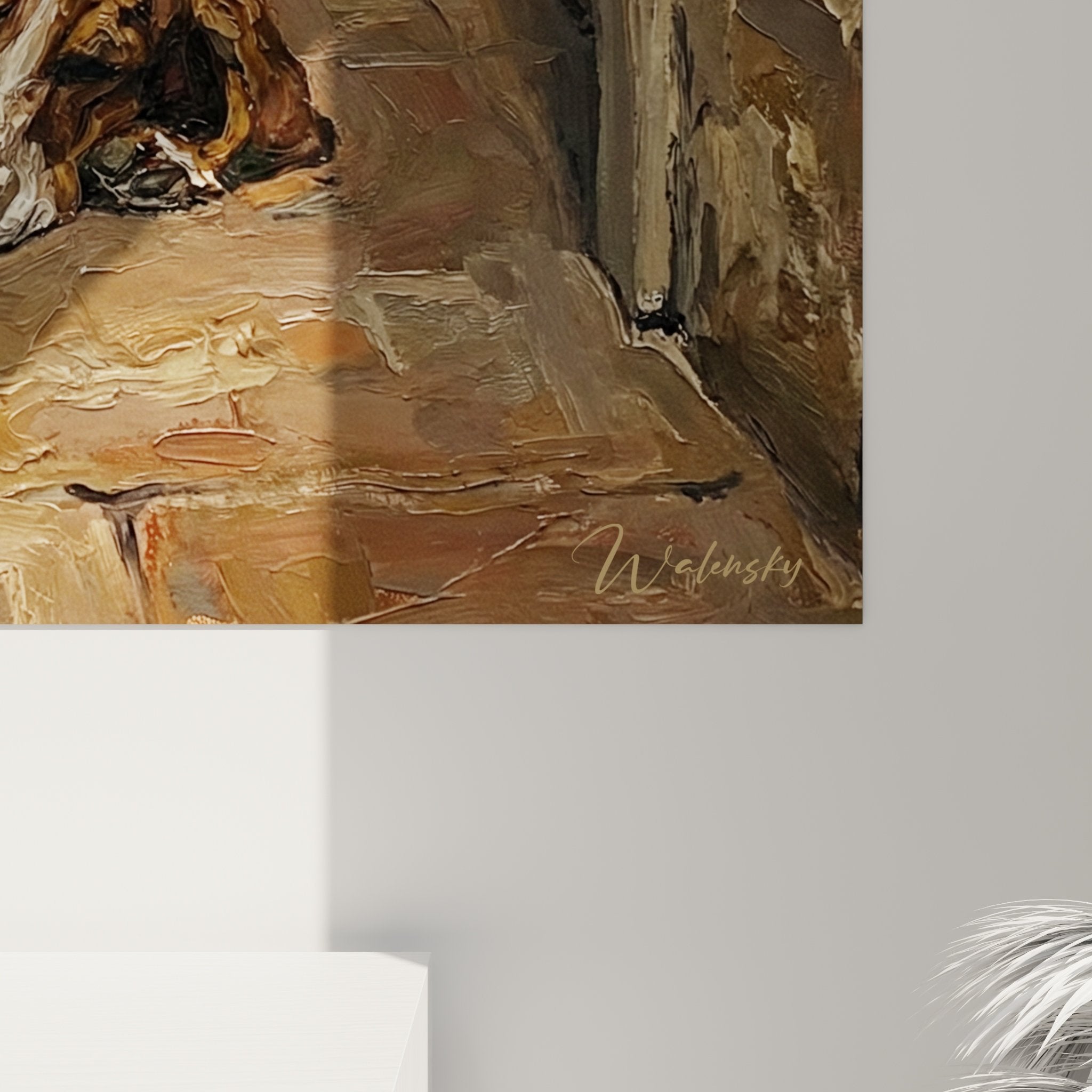 Vue ensemble tableau chien Basset Hound repos sur sol carrelé, atmosphère maison ancienne