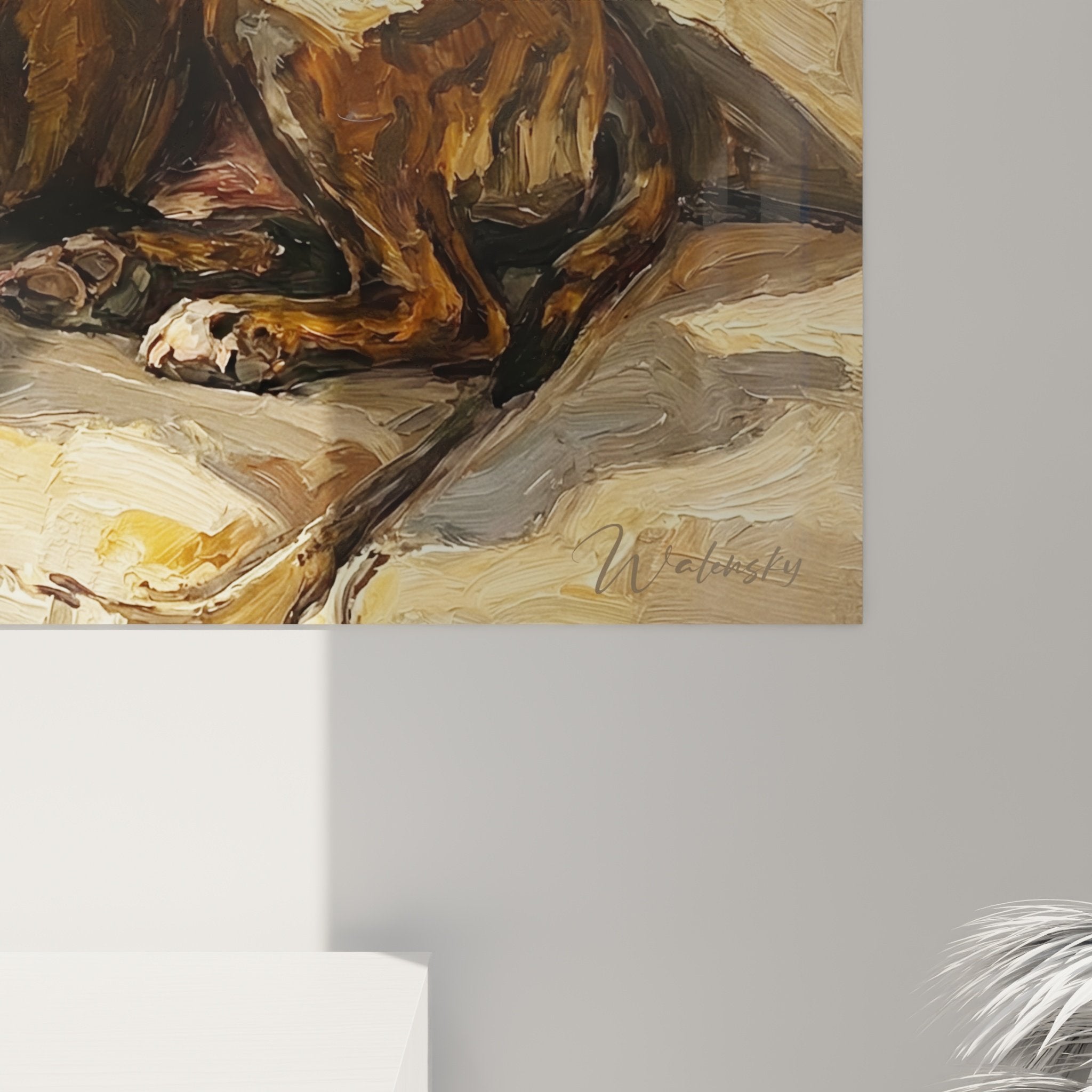 Vue ensemble tableau Staffordshire Bull Terrier sur fauteuil décoration intérieure salon style contemporain chaleureux