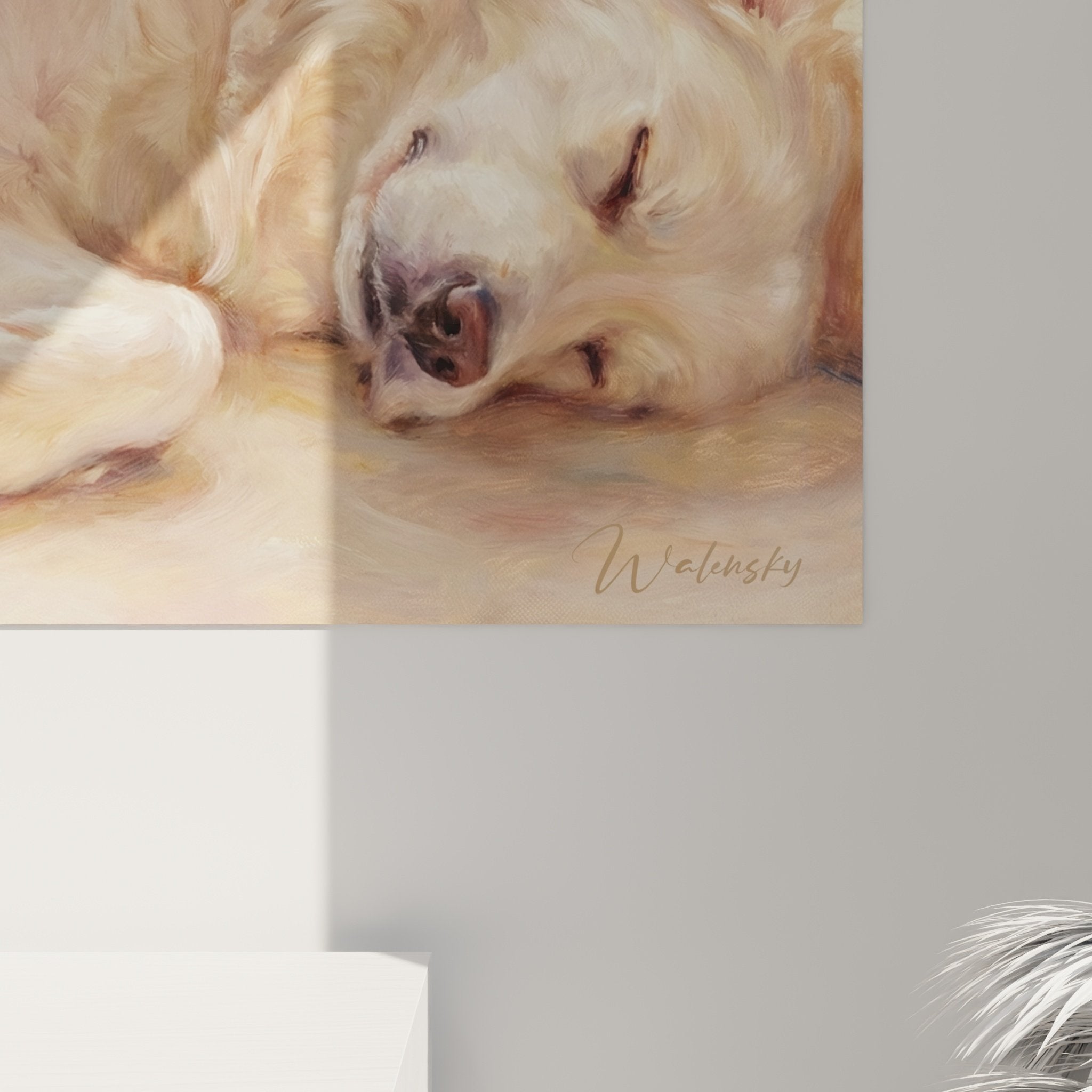 Vue ensemble tableau chien paisible salon décoration murale art animalier style contemporain