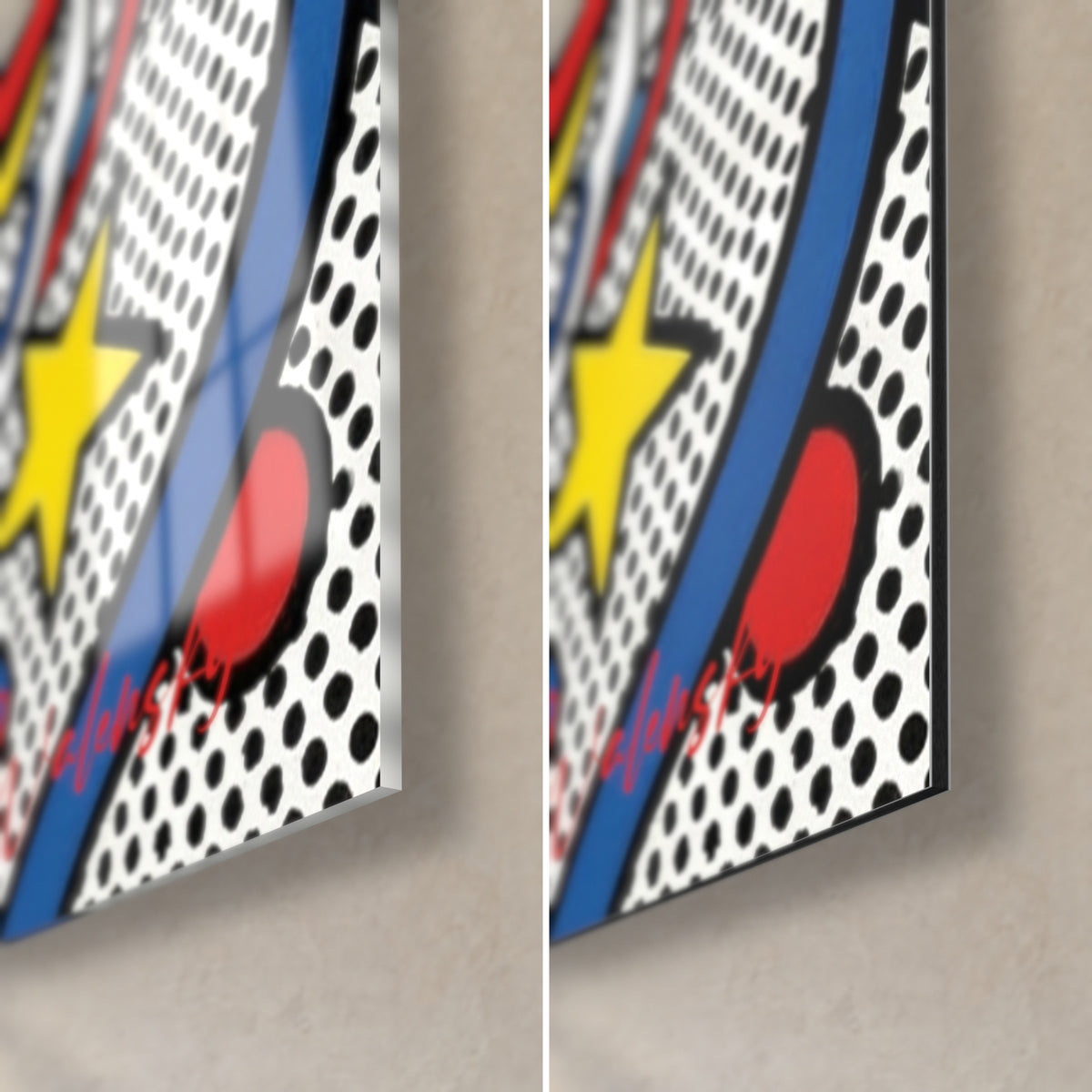 Schilderij van een lachende witte hond, rechtsonder: links een glanzende gele ster en een blauw lint, rechts mat Dibond, 3 mm dik