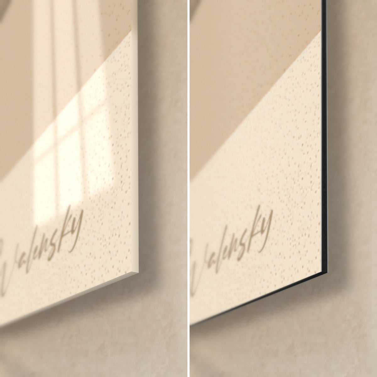 Wall art brown and white dog, bottom right corner with Walensky signature, glossy acrylic glass on the left, matte Dibond and black edge