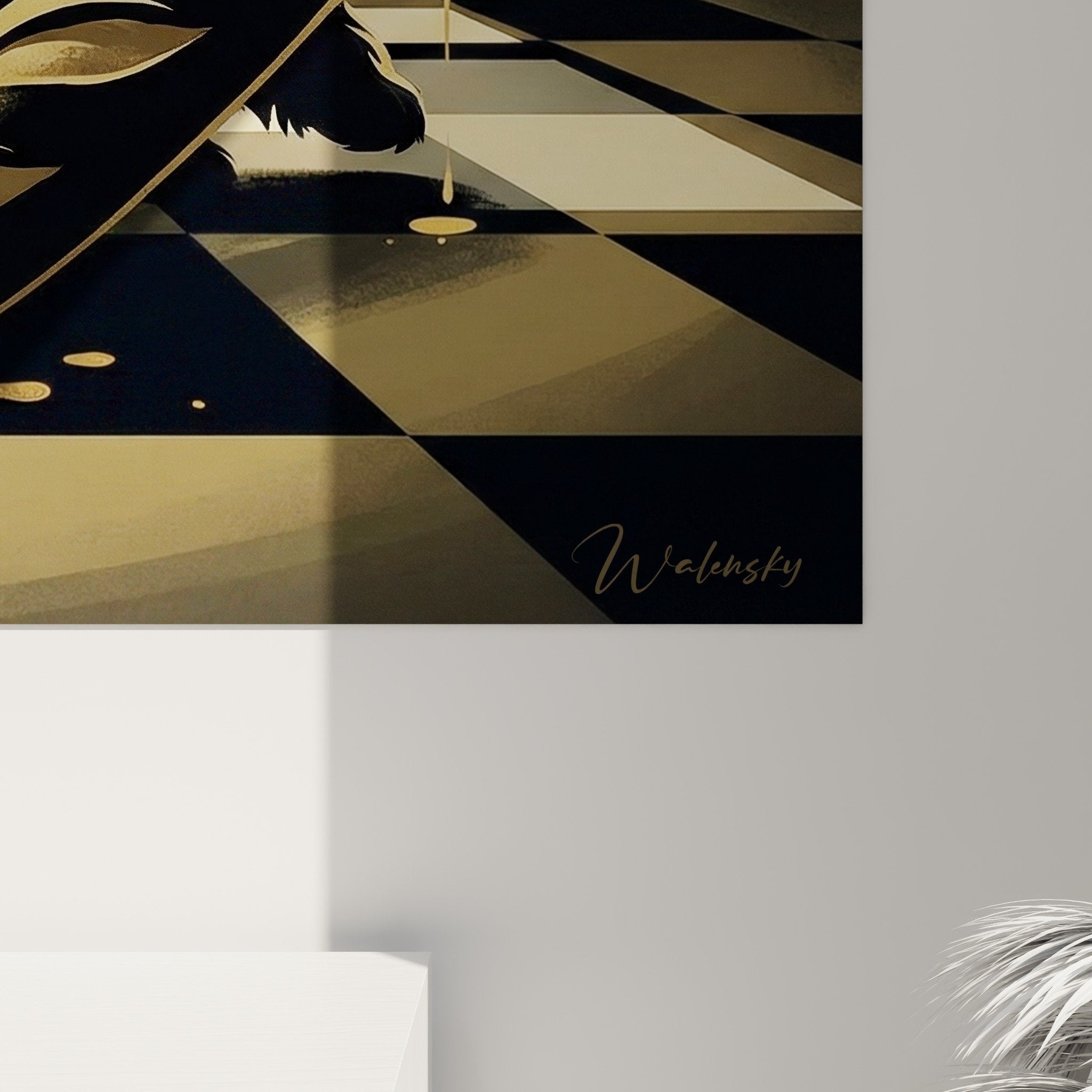 Vue ensemble tableau chien tibétain doré dans intérieur moderne murs beiges décoration sophistiquée