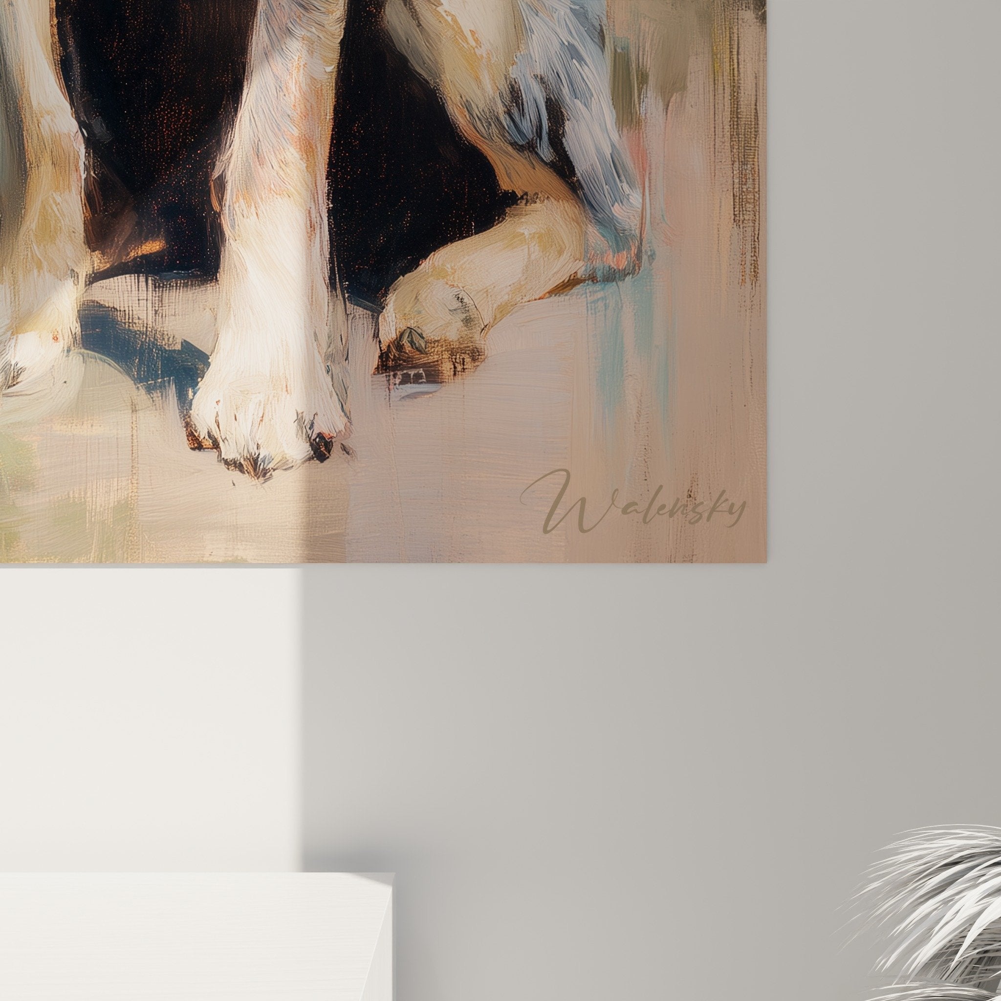 Vue ensemble tableau chien tricolore paysage rural decoration interieur style contemporain tons bleus