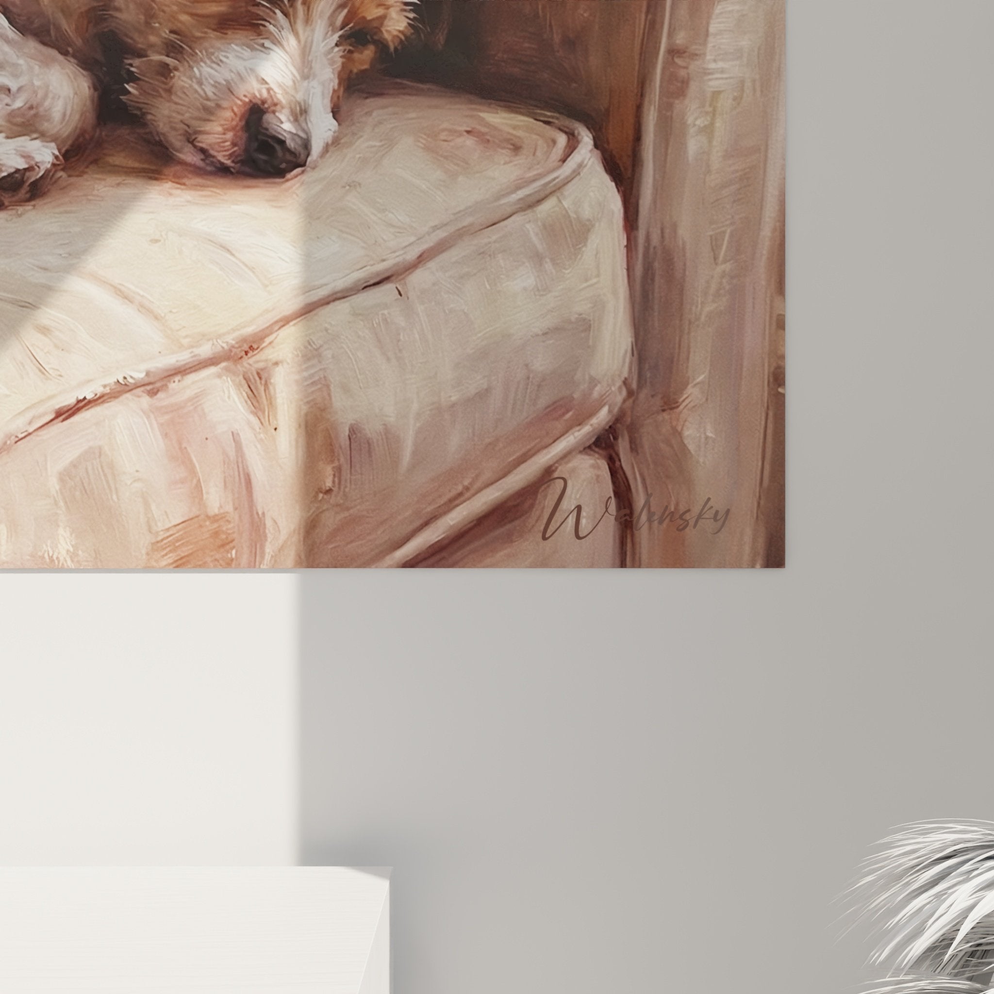 Vue ensemble tableau canin Jack Russel duo endormi décoration murale tons neutres chaleureux