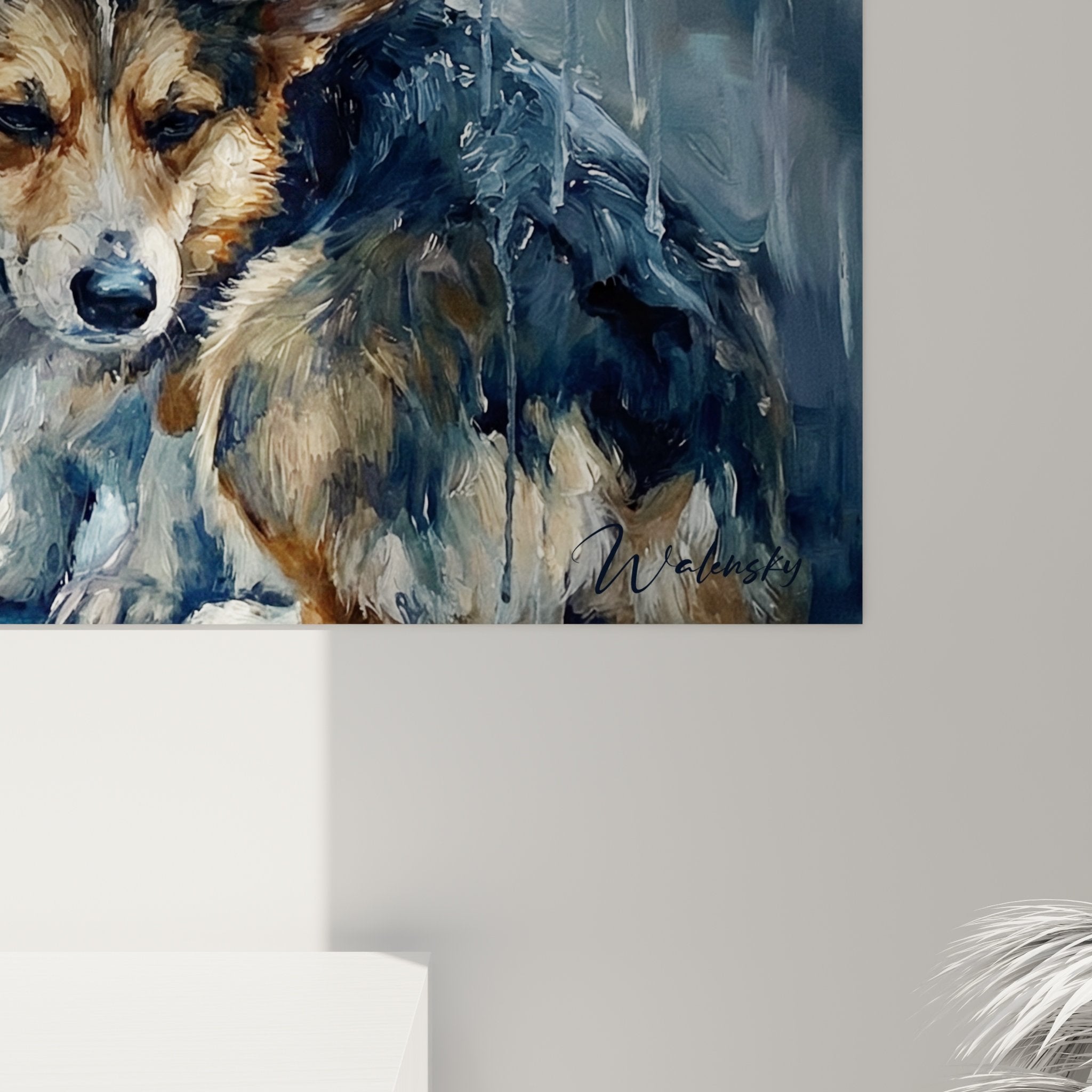 Gesamtansicht Gemälde zwei Hunde Regen Corgi Pembroke Wohnzimmerdekoration Blau- und Ockertöne chromatische Harmonie