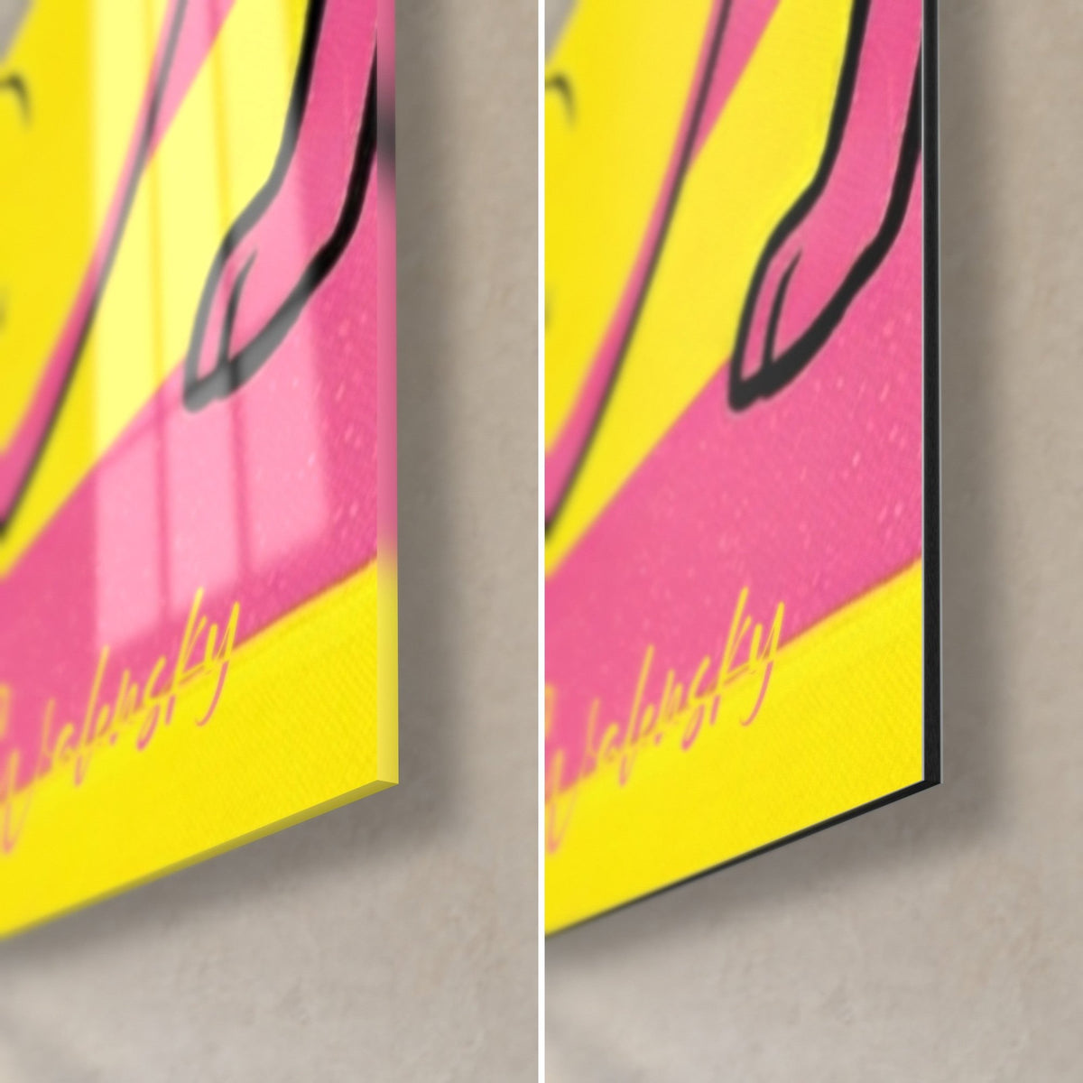 Tableau chiens pop art, coin bas droit : aplat rose et jaune brillant en verre acrylique, tranche noire de 3 mm en Dibond mat