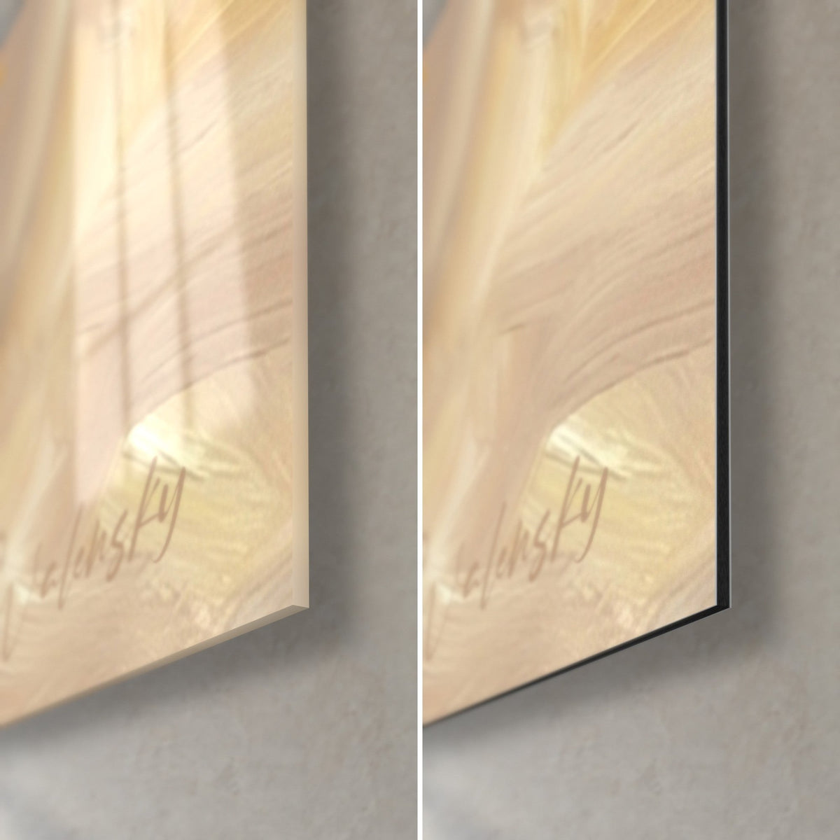 Gemälde Trio schlummernder Terrier, untere rechte Ecke aus glänzendem Acrylglas und mattschwarzem Dibond, 3 mm Kante sichtbar