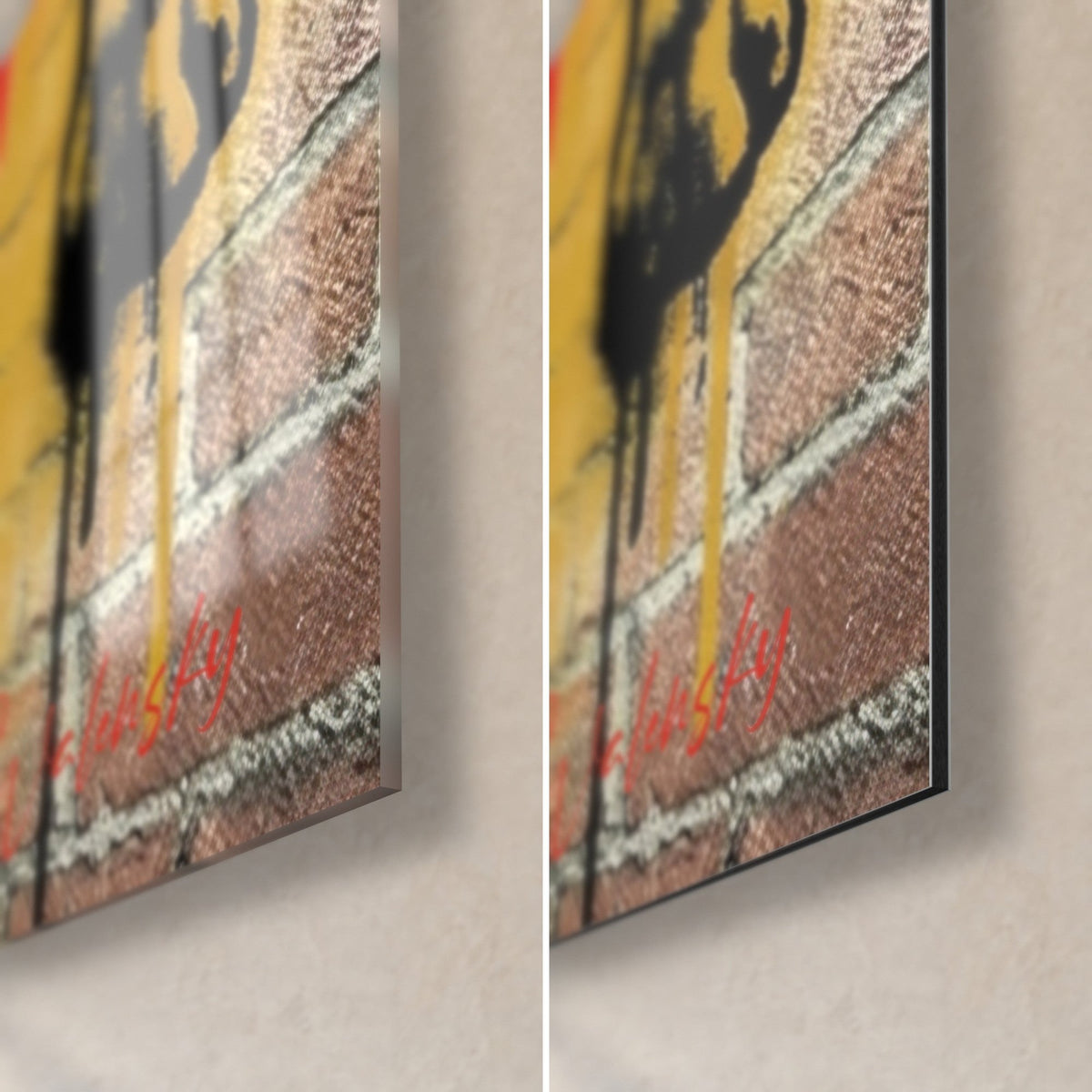 Tableau chihuahua street art, coin bas droit : coulures jaunes sur brique, verre acrylique brillant et Dibond noir mat, tranche 3 mm