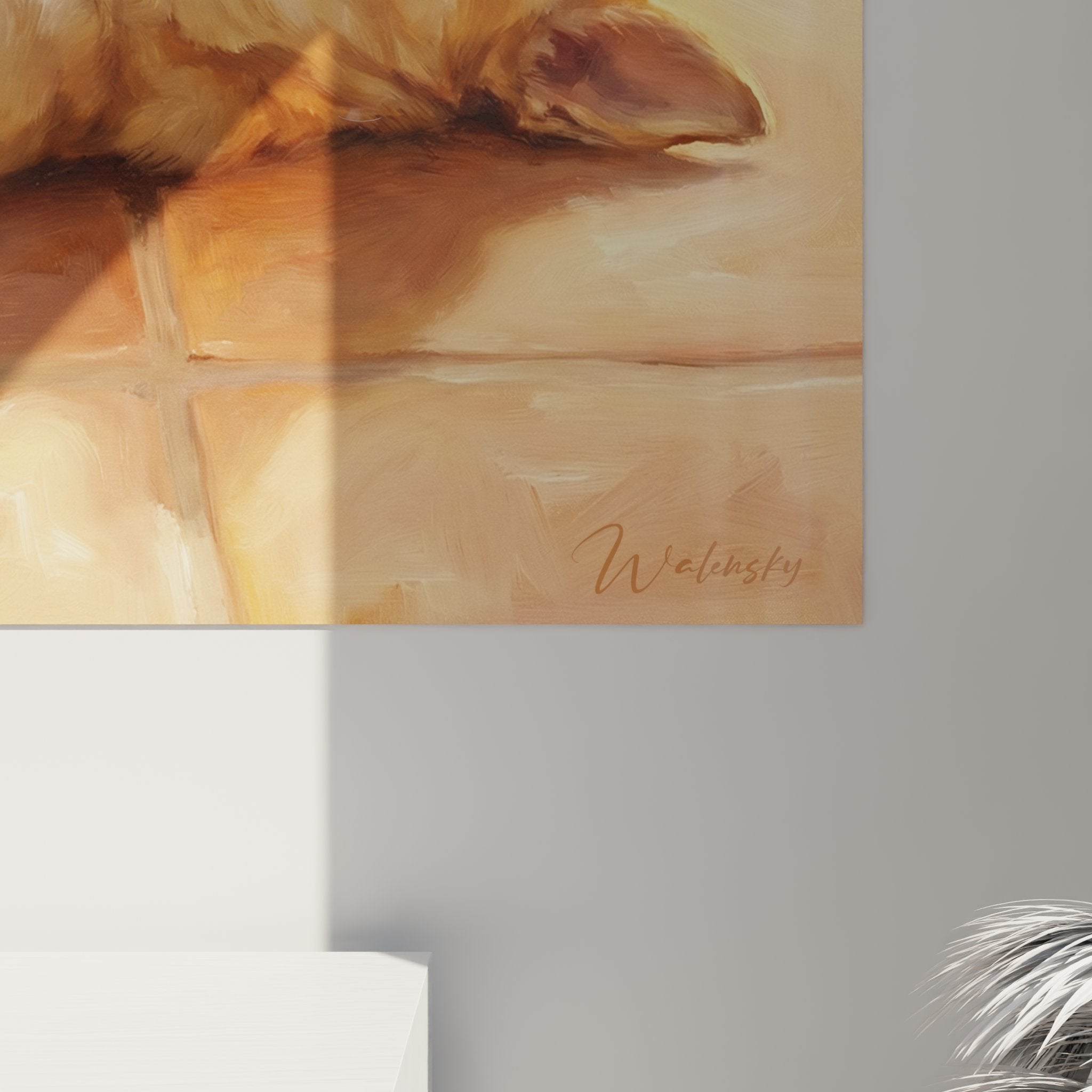 Vue d'ensemble tableau chihuahua détente, art mural lumineux palette dorée pour décoration intérieure