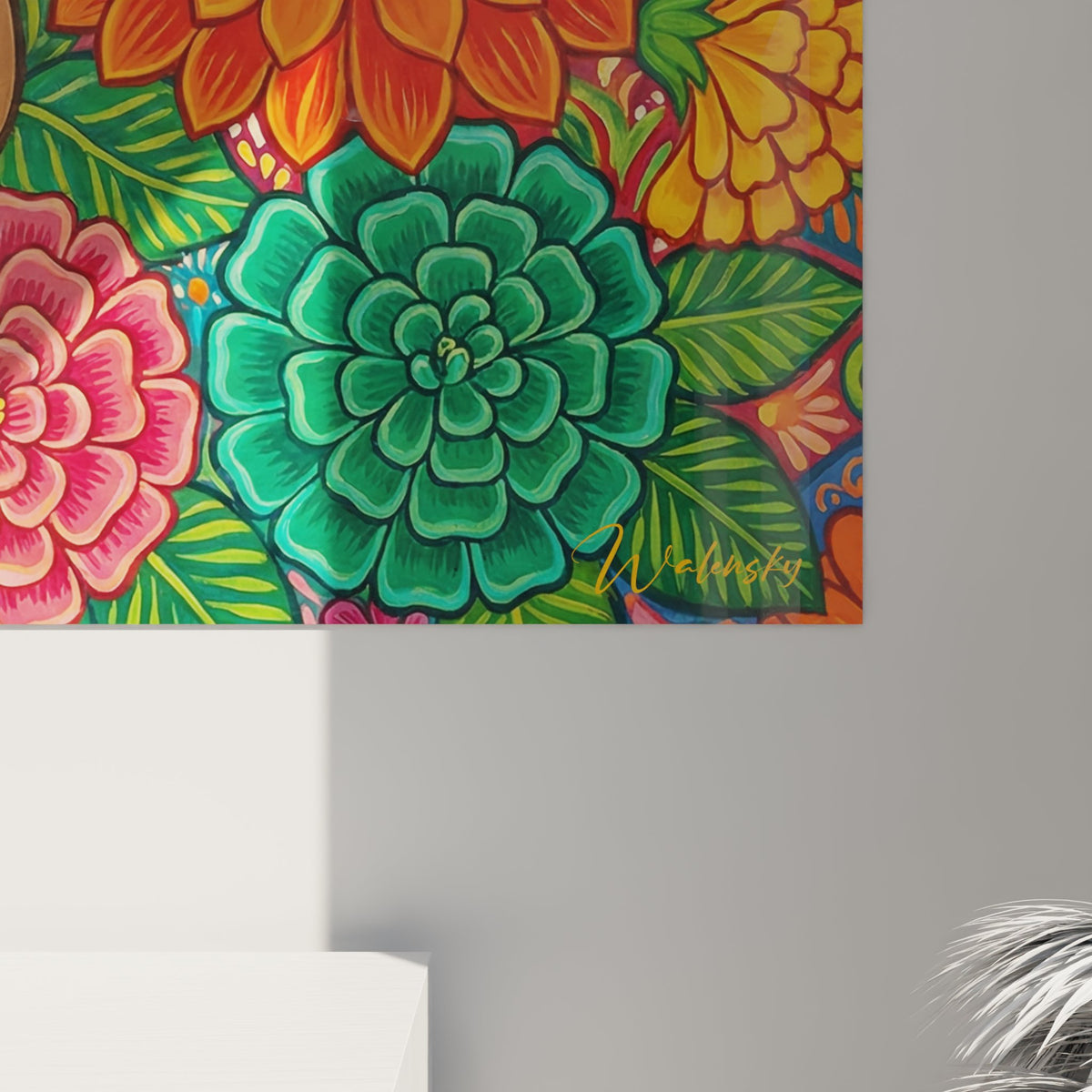 vue ensemble tableau chihuahua jardin fleuri composition artistique couleurs vives decoration