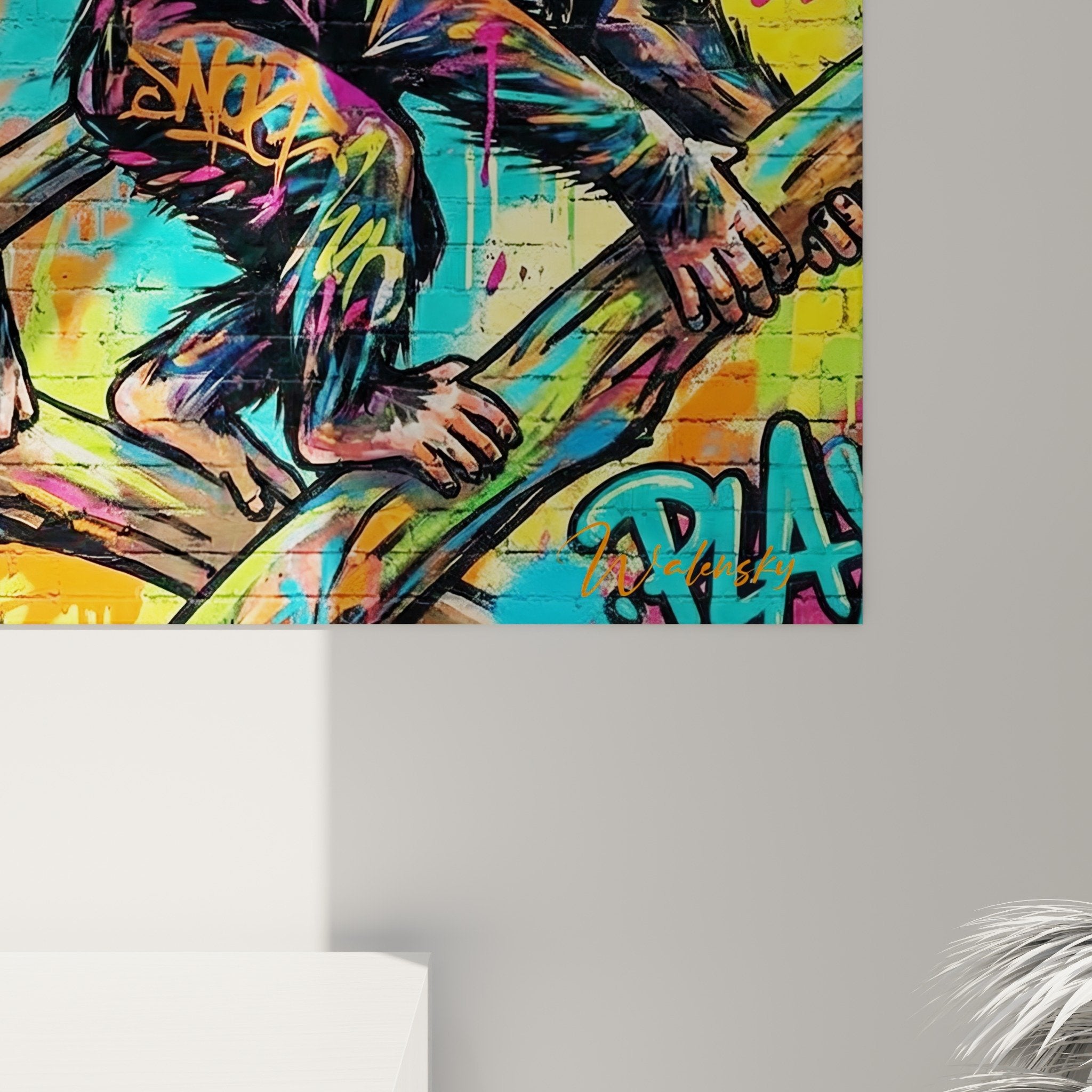 Gesamtansicht Gemälde Schimpansen urbane Kunst Graffiti mehrfarbig Wanddekoration