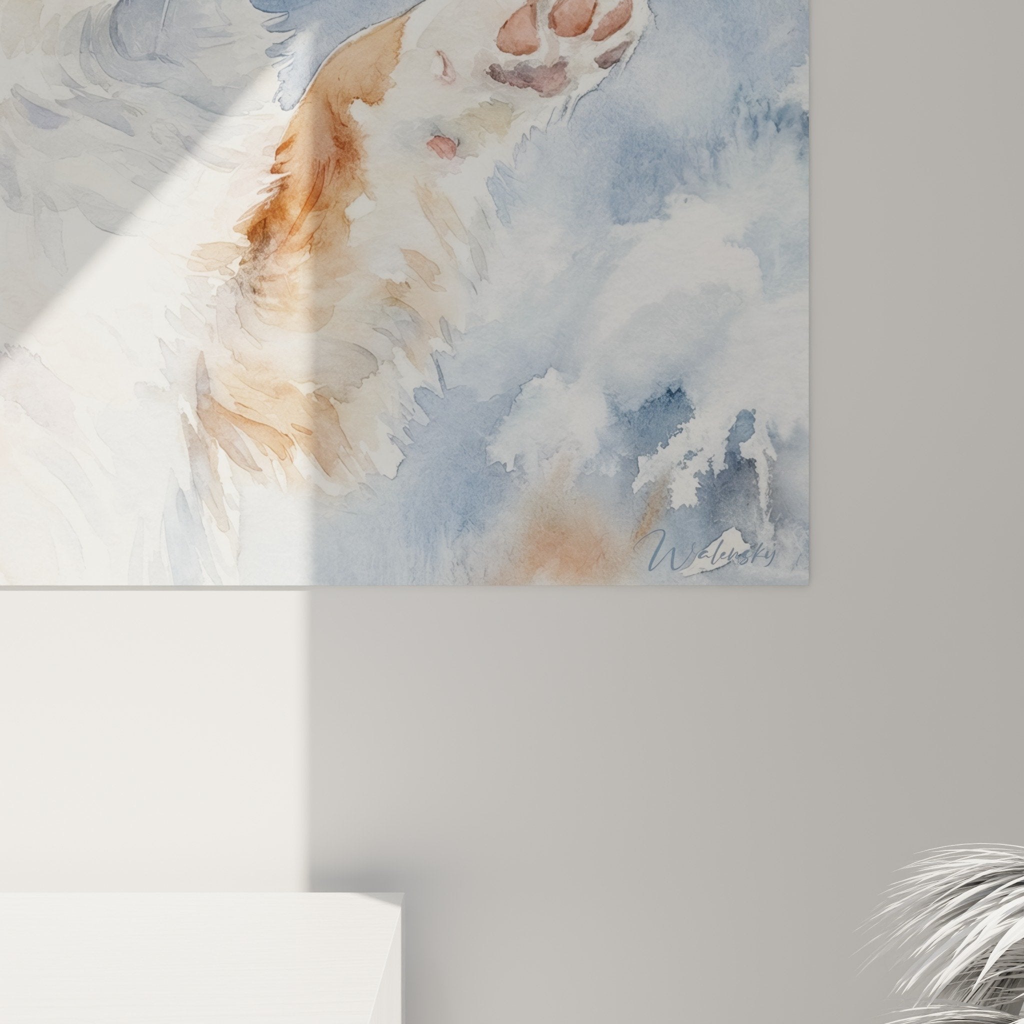 Vue ensemble tableau chiot Berger Australien neige decoration interieur moderne