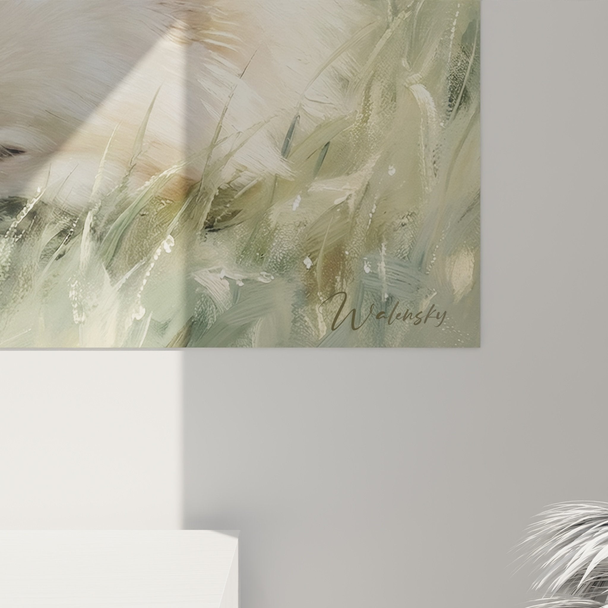 Vue ensemble tableau Spitz Poméranien chiot endormi herbe tendre palette verts crème