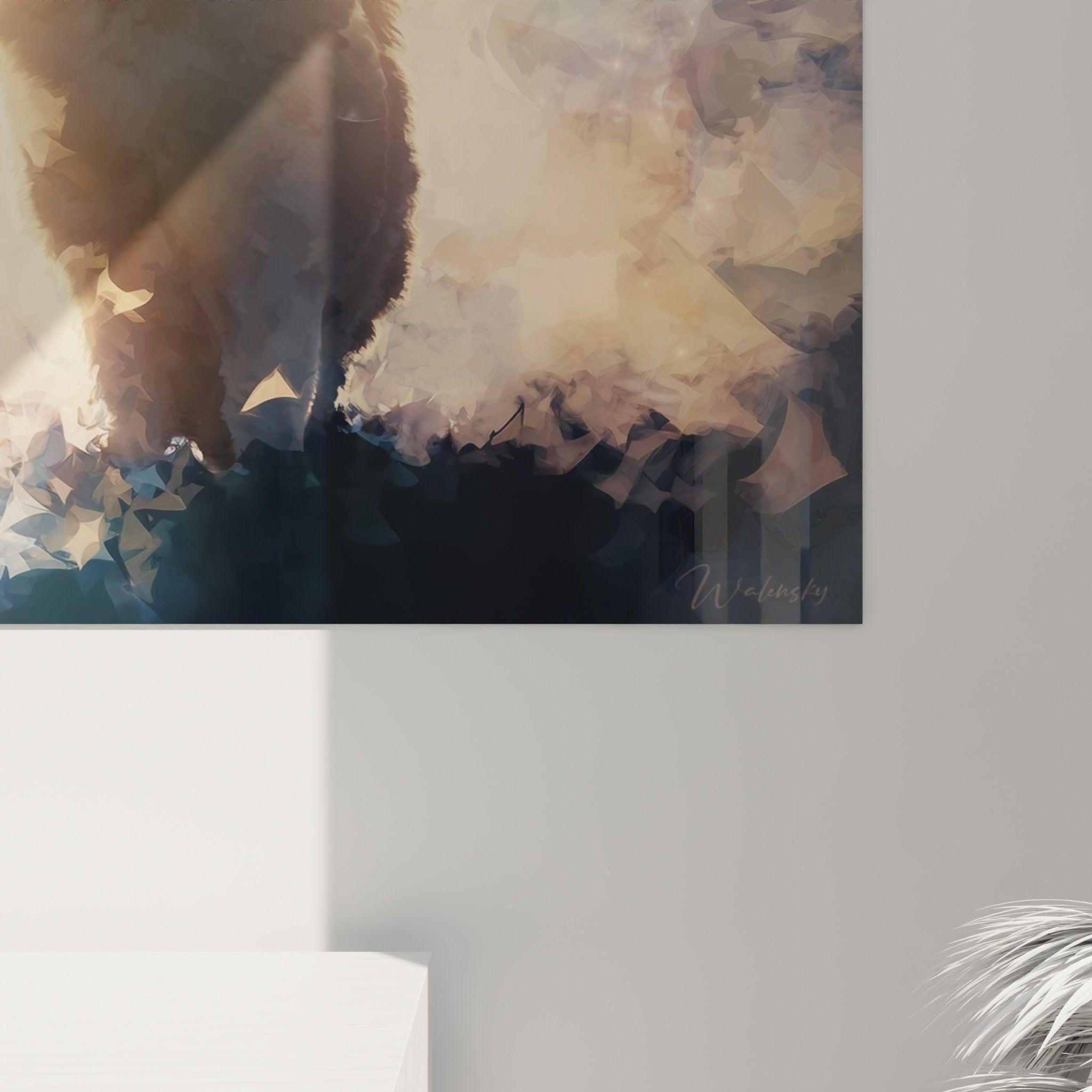 Vue ensemble tableau chow chow contemplatif palette doree bleue decoration murale