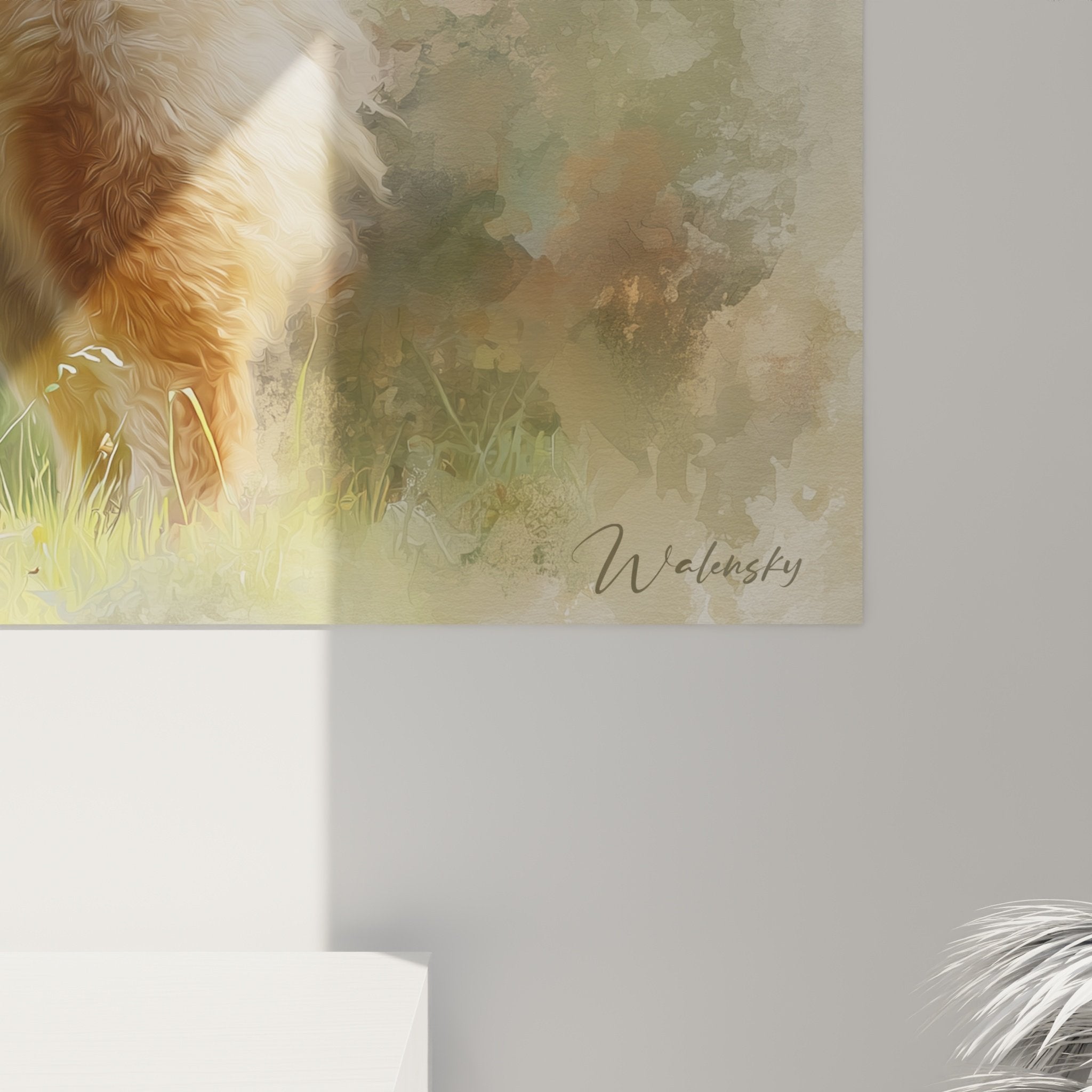 Vue ensemble tableau Chow Chow roux jardin vert decoration interieure art animalier contemporain