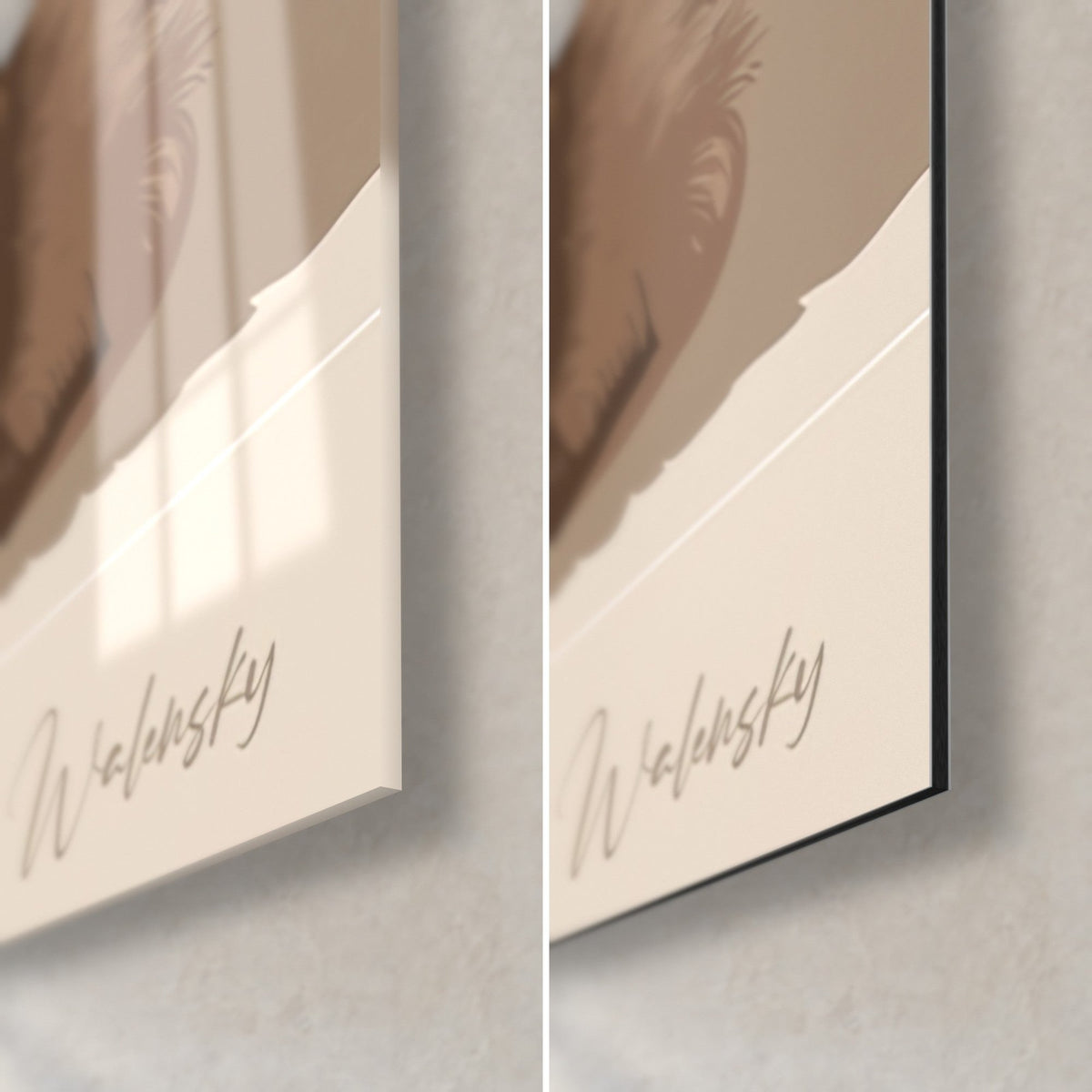 Gemälde Chow-Chow in Beige, untere rechte Ecke: glänzendes Acrylglas links reflektierend, mattschwarzes Dibond rechts