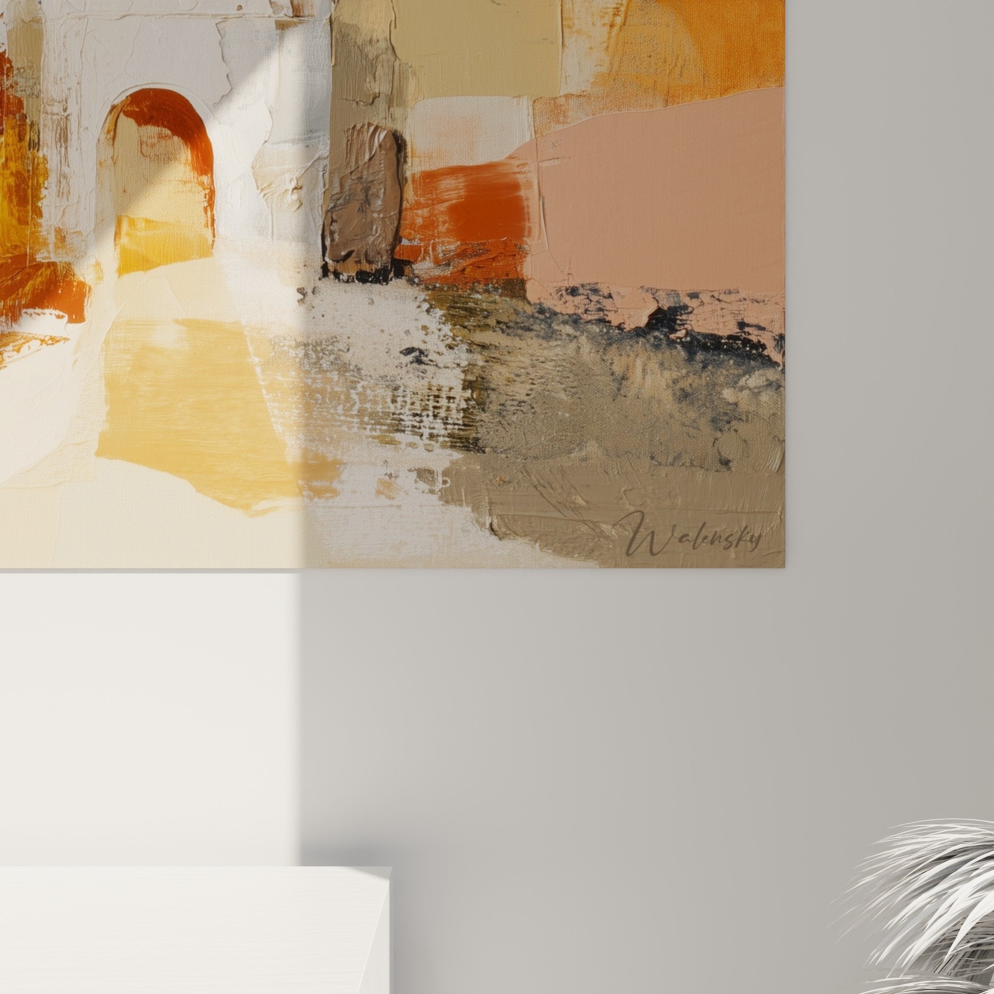 Vue ensemble tableau cite antique mediterraneenne tons ocre blanc decoration murale